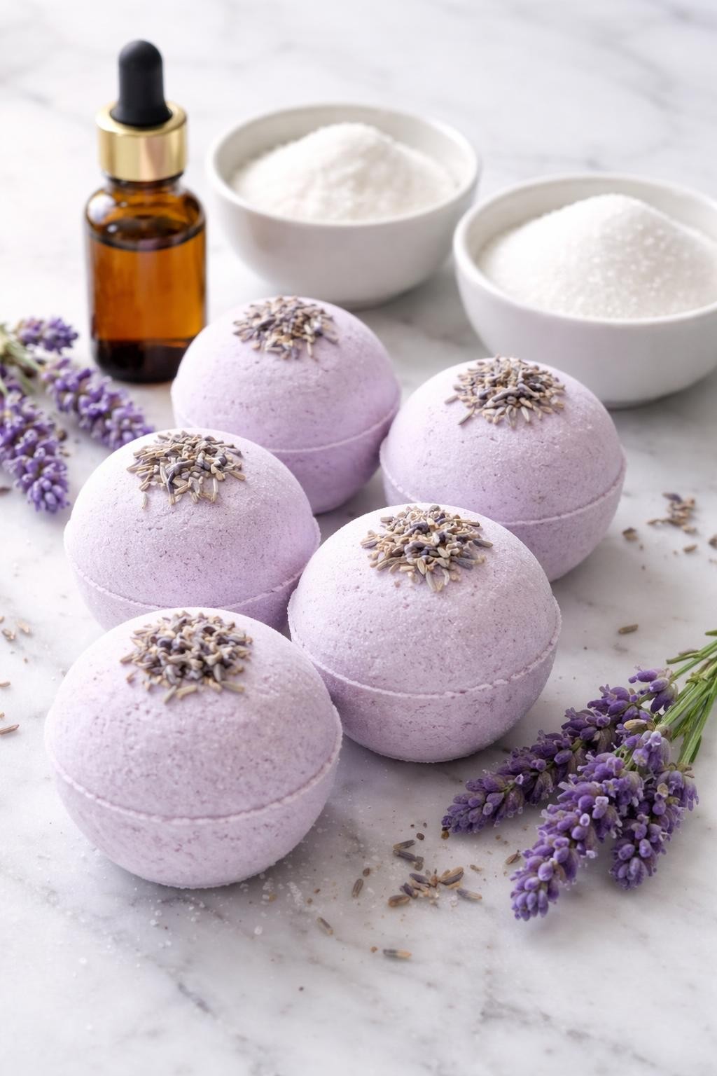 A realistic close-up photo of round lavender bath bombs with a soft pale purple tone and light dried lavender buds pressed on top, arranged on a clean white marble countertop table. A small bottle of lavender essential oil, a bowl of baking soda, a bowl of citric acid, and a few lavender sprigs are placed neatly around the bath bombs. Bright natural light, crisp detail, realistic texture, clean minimal setup, strong focus on the bath bombs and their powdery handmade finish, no people, no text, (no watermarks on images)