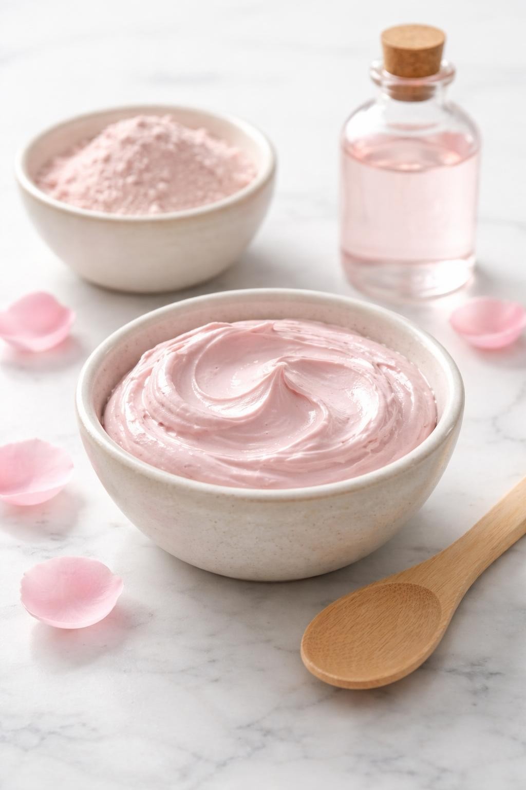 A realistic close-up photo of a small bowl filled with soft pink rose water clay mask on a clean white marble countertop table. A small bowl of clay powder, a small bottle of rose water, and a wooden spoon are placed neatly around the bowl. Bright natural light, crisp detail, realistic texture, clean minimal setup, strong focus on the smooth clay mask mixture, no people, no text, (no watermarks on images)