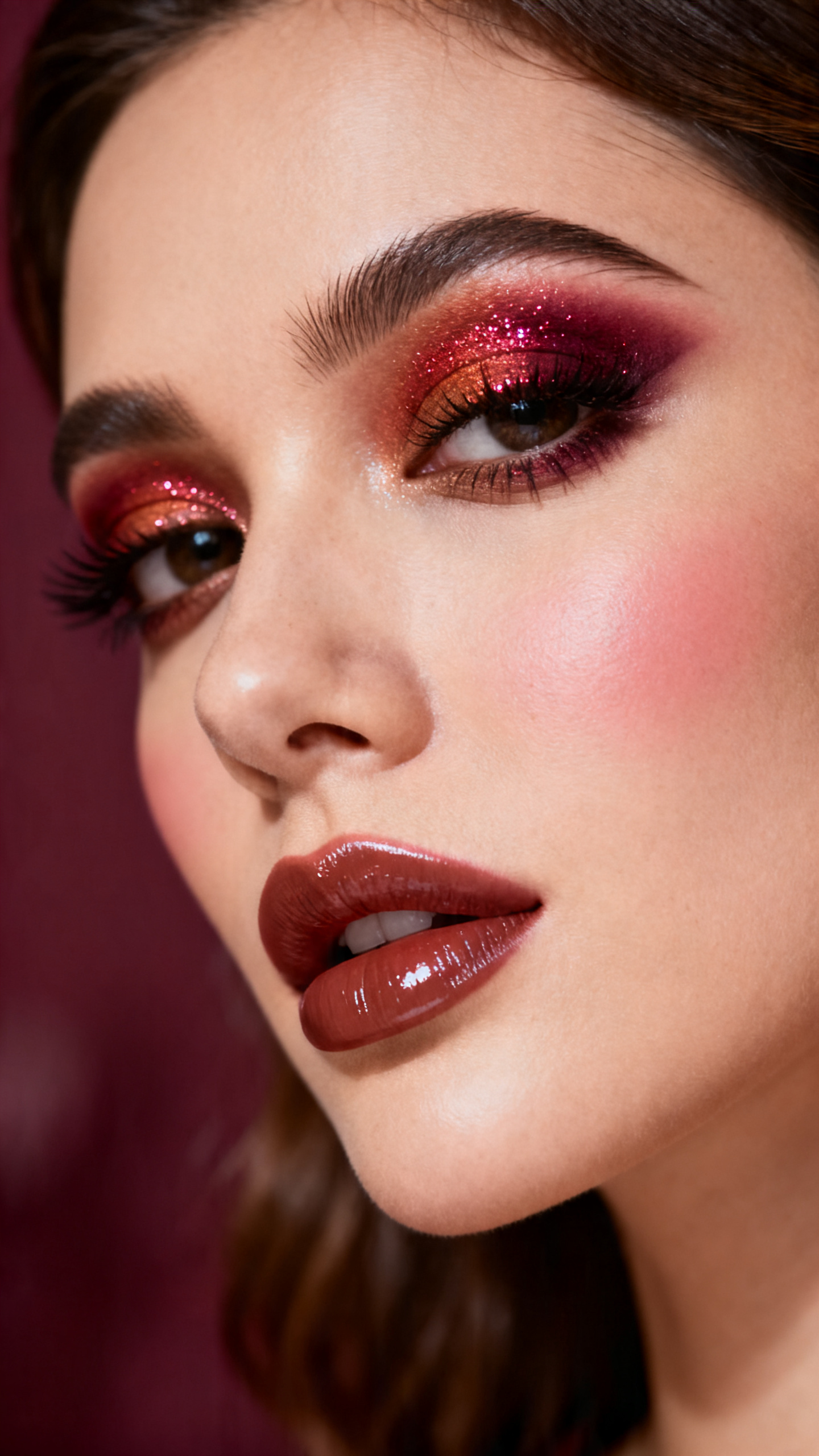 Super realistic close-up beauty portrait of a woman wearing ruby red shimmer eyeshadow across the lids with warm burgundy crease blending and soft brown outer depth, deep espresso lash-line definition, curled lashes, warm rose nude blush, glossy rose brown lips, polished brows, realistic skin texture with a luminous satin finish, shot from a three-quarter portrait angle, with warm studio lighting that clearly reveals the ruby shimmer sparkle, eye shape, and glossy lips, softly styled hair, blurred rich berry background, feminine modern beauty photography, latest iPhone photo quality.