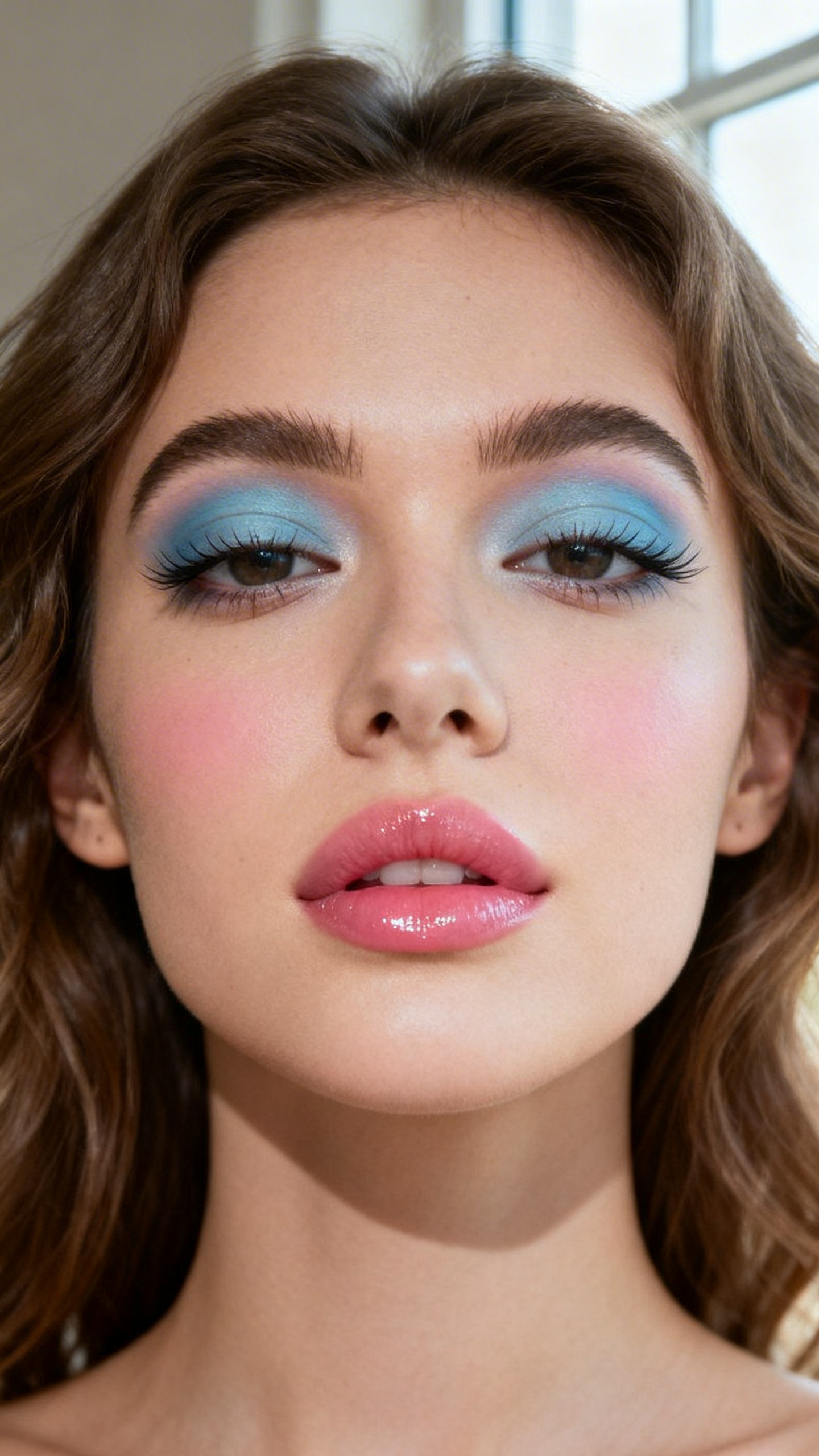 Super realistic close-up beauty portrait of a woman wearing soft matte sky blue eyeshadow blended across the lids with softly diffused edges, fresh glowing skin, soft pink blush, glossy rosy pink lips, fluffy natural brows, and clean lengthened lashes, shot from a front-facing portrait, with diffused natural window light that clearly reveals the makeup texture and color, realistic skin texture, softly styled loose waves, minimal neutral background, feminine modern beauty photography, latest iPhone photo quality (no watermarks on images).
