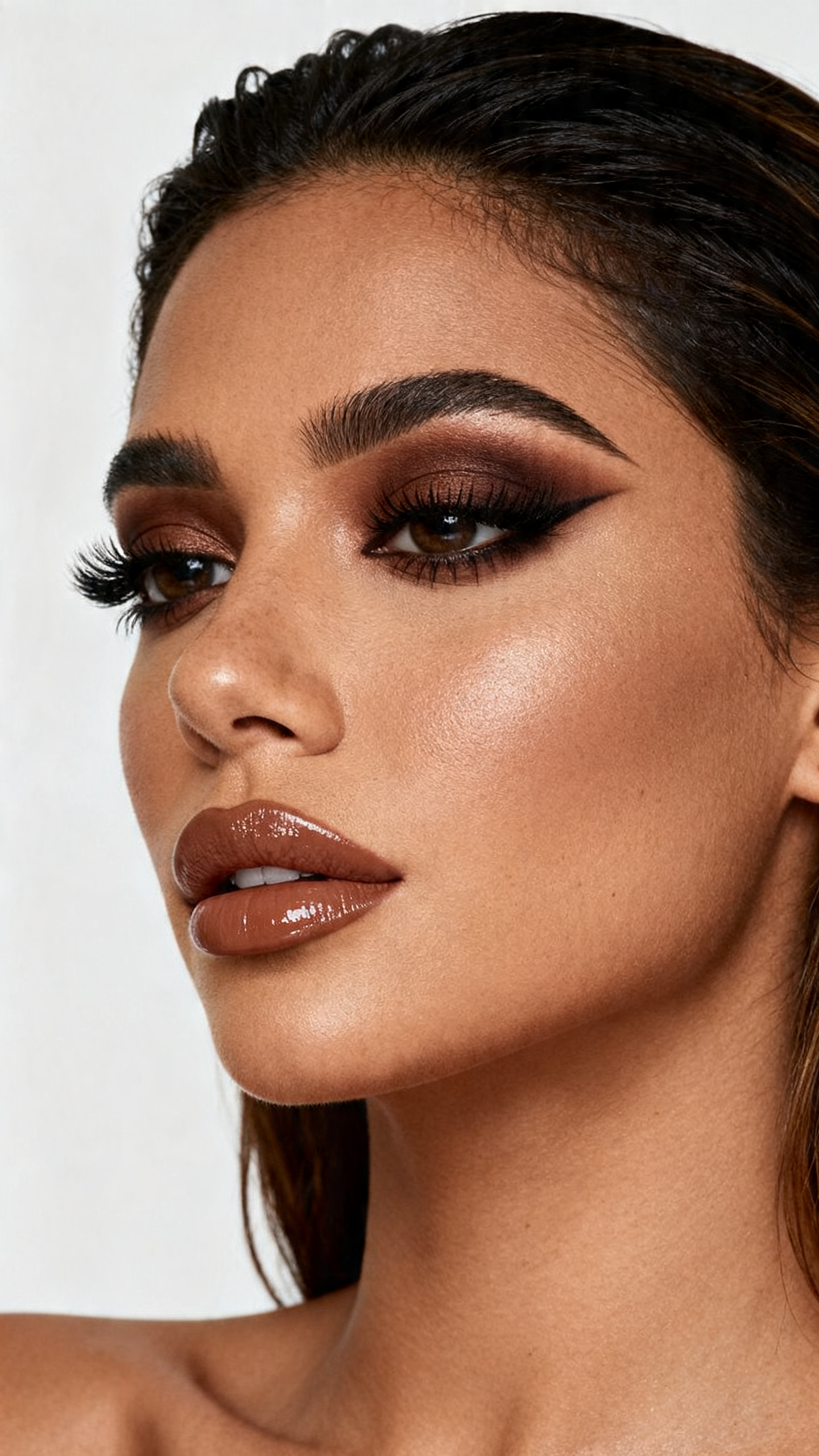 Super realistic close-up beauty portrait of a latina woman wearing chocolate smoky eyes with cocoa blending, deep espresso liner, warm bronzed skin, glossy brown nude lips, and bold lashes, shot from a three-quarter view, with diffused beauty studio lighting that clearly reveals the makeup texture and color, realistic skin texture, softly styled hair, minimal background, feminine modern beauty photography, latest iPhone photo quality.