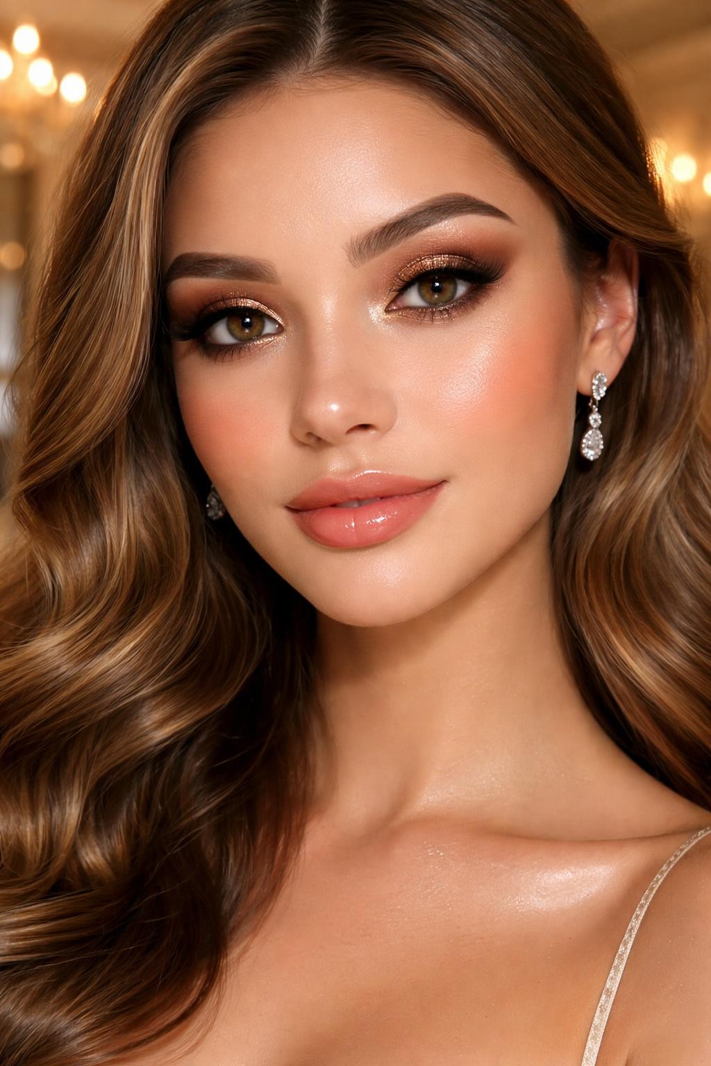 IMAGE_PROMPT: Super realistic close-up beauty portrait of a young woman with brown eyes wearing cute prom makeup, featuring a soft bronze halo eye with caramel crease blending, chestnut-brown inner and outer corner depth, bright bronze center-lid shimmer, soft volumized lashes, warm peach blush, champagne-gold highlight, peach nude glossy lips, polished brows, realistic skin texture with radiant prom-night glow, shot from a front-facing beauty portrait, with warm diffused lighting that clearly reveals the halo placement, metallic eye shine, and glossy lips, softly styled curls, blurred elegant ballroom-inspired background, feminine modern beauty photography, latest iPhone photo quality.