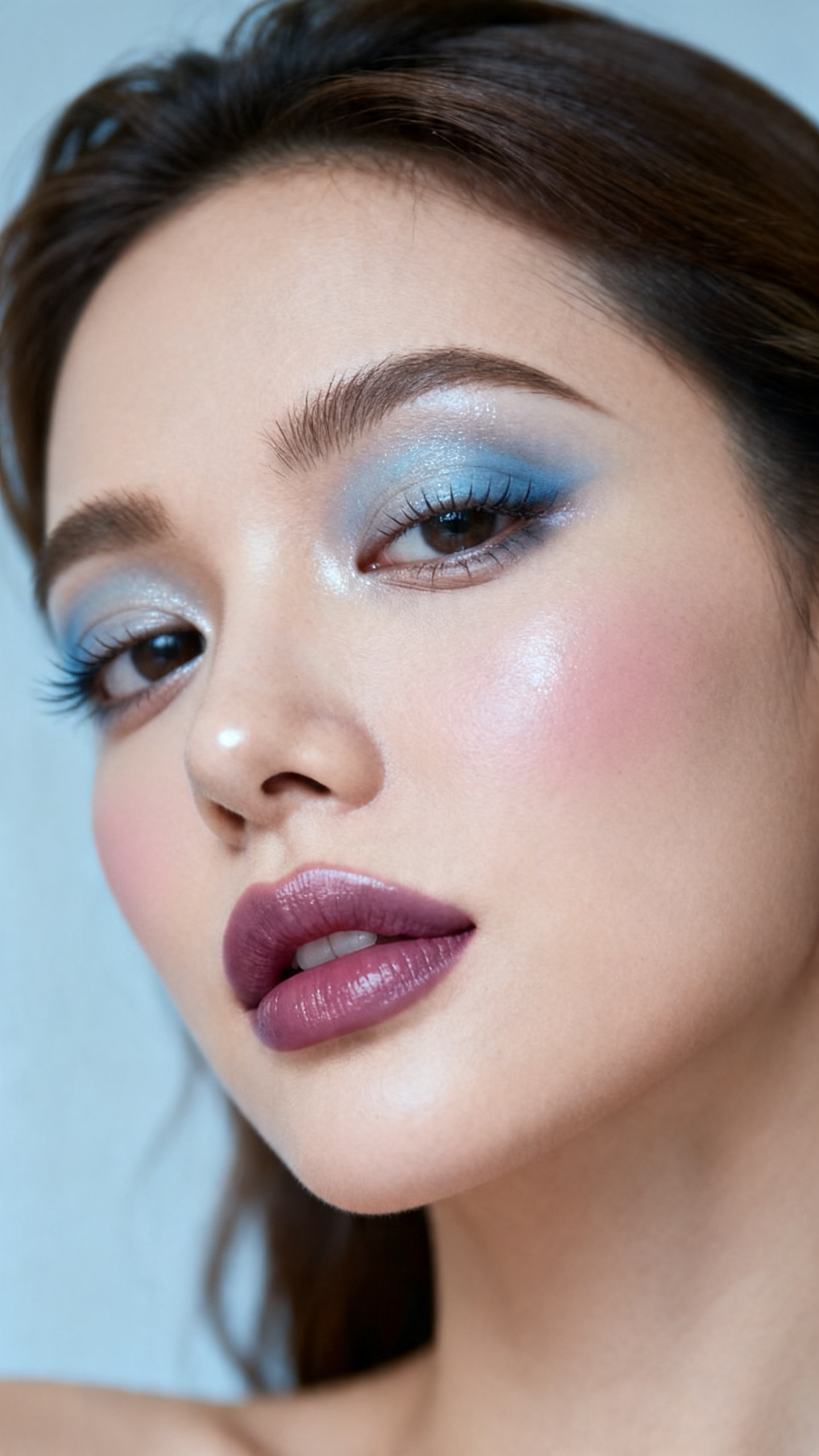 Super realistic close-up beauty portrait of a woman wearing airy soft sky-blue eyeshadow across the lids with dusty-blue outer-corner shading and subtle cool-gray blending, muted mauve-nude blush, cool pearl sheen on the cheekbones, sheer berry-tinted balm lips, lightly lifted lashes, refined brows, realistic skin texture with a fresh satin finish, shot from a three-quarter beauty angle, with cool natural-inspired lighting that clearly reveals the soft blue tones, pearl sheen, and berry lip tint, softly styled hair, softly blurred pale blue-gray background, feminine modern beauty photography, latest iPhone photo quality.