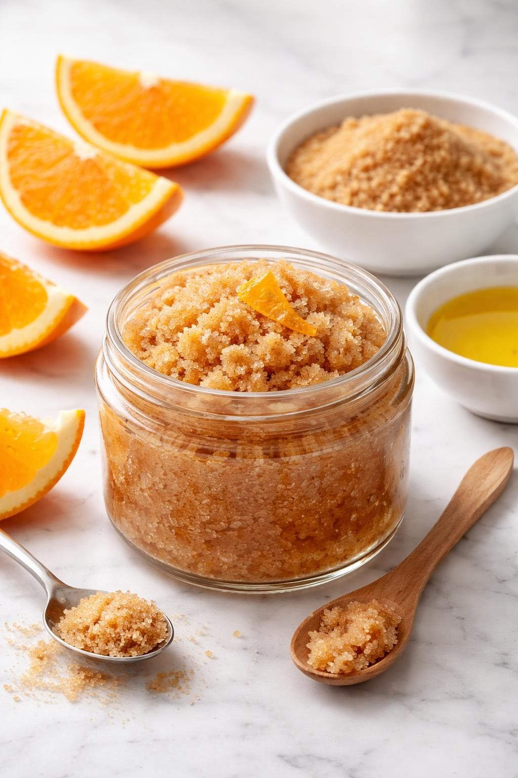 A realistic close-up photo of a glass jar filled with orange brown sugar scrub on a clean white marble countertop table. Orange slices, a bowl of brown sugar, a dish of olive oil, and a spoon are arranged neatly around the jar. Bright natural light, crisp detail, realistic texture, clean minimal setup, strong focus on the scrub texture and citrus styling, no people, no text, (no watermarks on images)