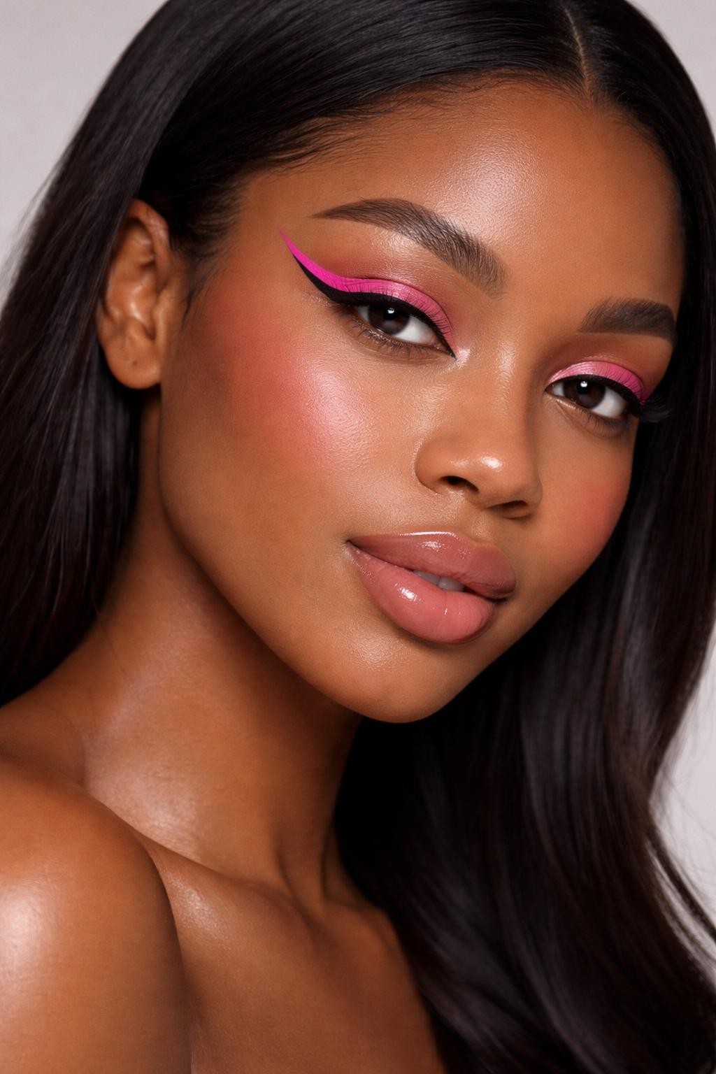 Super realistic close-up beauty portrait of a black woman wearing bright pink winged eyeliner on clean lids, satin skin, soft pink blush, satin nude pink lips, defined black lashes, and neat brows, shot from a three-quarter view, with diffused beauty studio lighting that clearly reveals the makeup texture and color, realistic skin texture, sleek hair framing the face, minimal background, feminine modern beauty photography, latest iPhone photo quality.