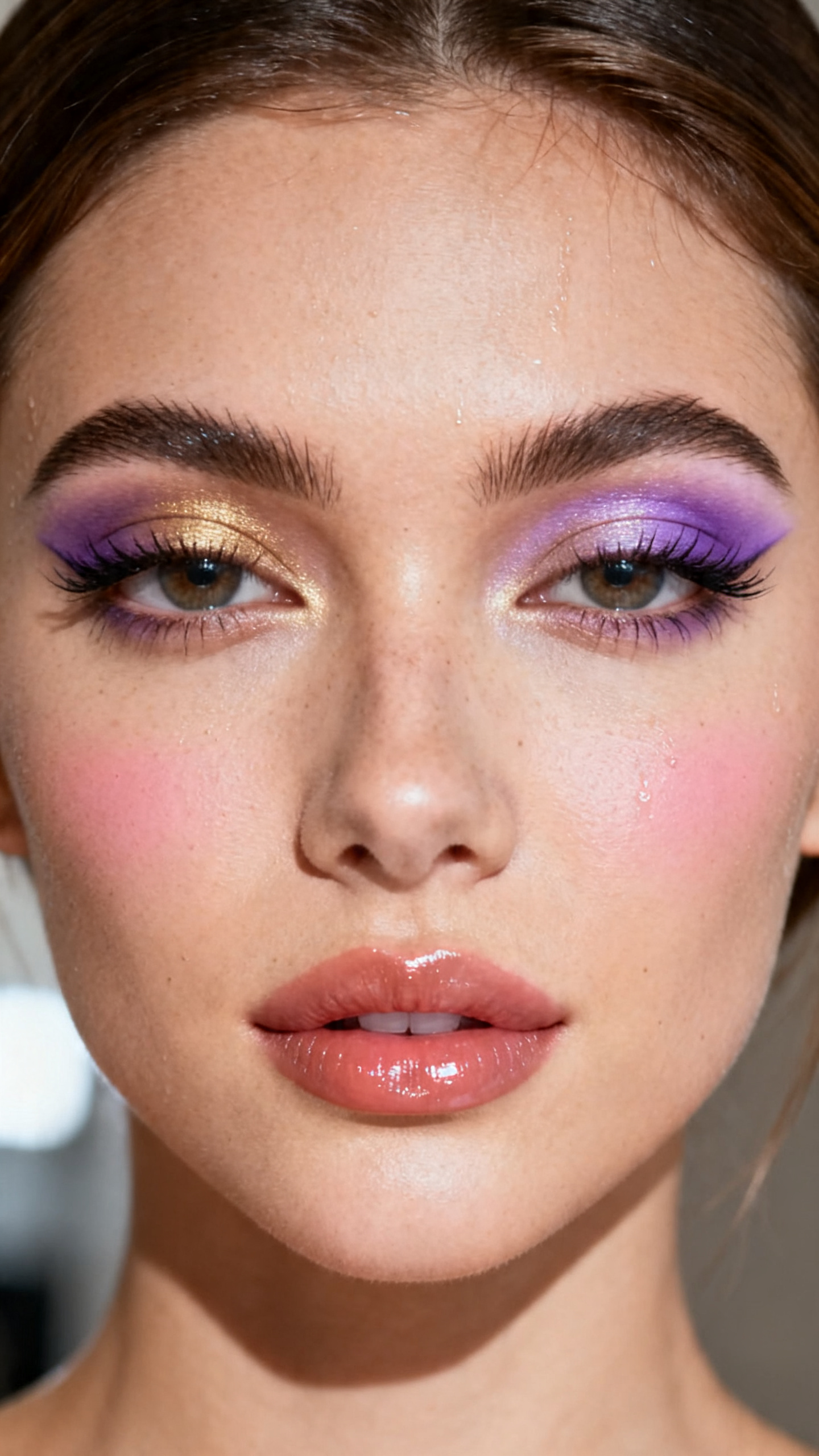 Super realistic close-up beauty portrait of a woman wearing a soft purple cut crease with blended purple crease shadow and a pale shimmer carved lid, fluttery lashes, polished natural skin, soft pink blush, warm nude glossy lips, and groomed brows, shot from a front-facing portrait, with soft beauty studio lighting that clearly reveals the cut crease shape, shimmer finish, and skin texture, realistic skin texture, sleek hair, minimal background, feminine modern beauty photography, latest iPhone photo quality (no watermarks on images).