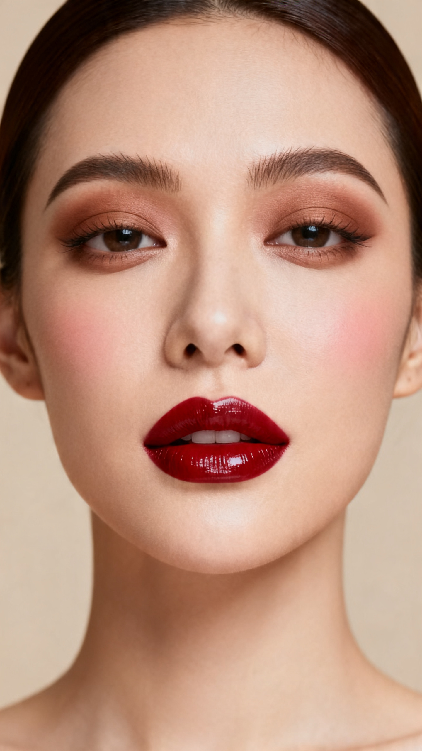 Super realistic close-up beauty portrait of a woman wearing soft warm-brown matte eyeshadow with gentle crease definition, clean lifted lashes, muted warm rose blush, a precise deep cherry red lip line filled with glossy cherry red lipstick, polished brows, realistic skin texture with a soft satin finish, shot from a front-facing beauty portrait, with diffused studio lighting that clearly reveals the lip color depth, smooth eye blending, and skin texture, sleek tucked-back hair, minimal warm neutral background, feminine modern beauty photography, latest iPhone photo quality.