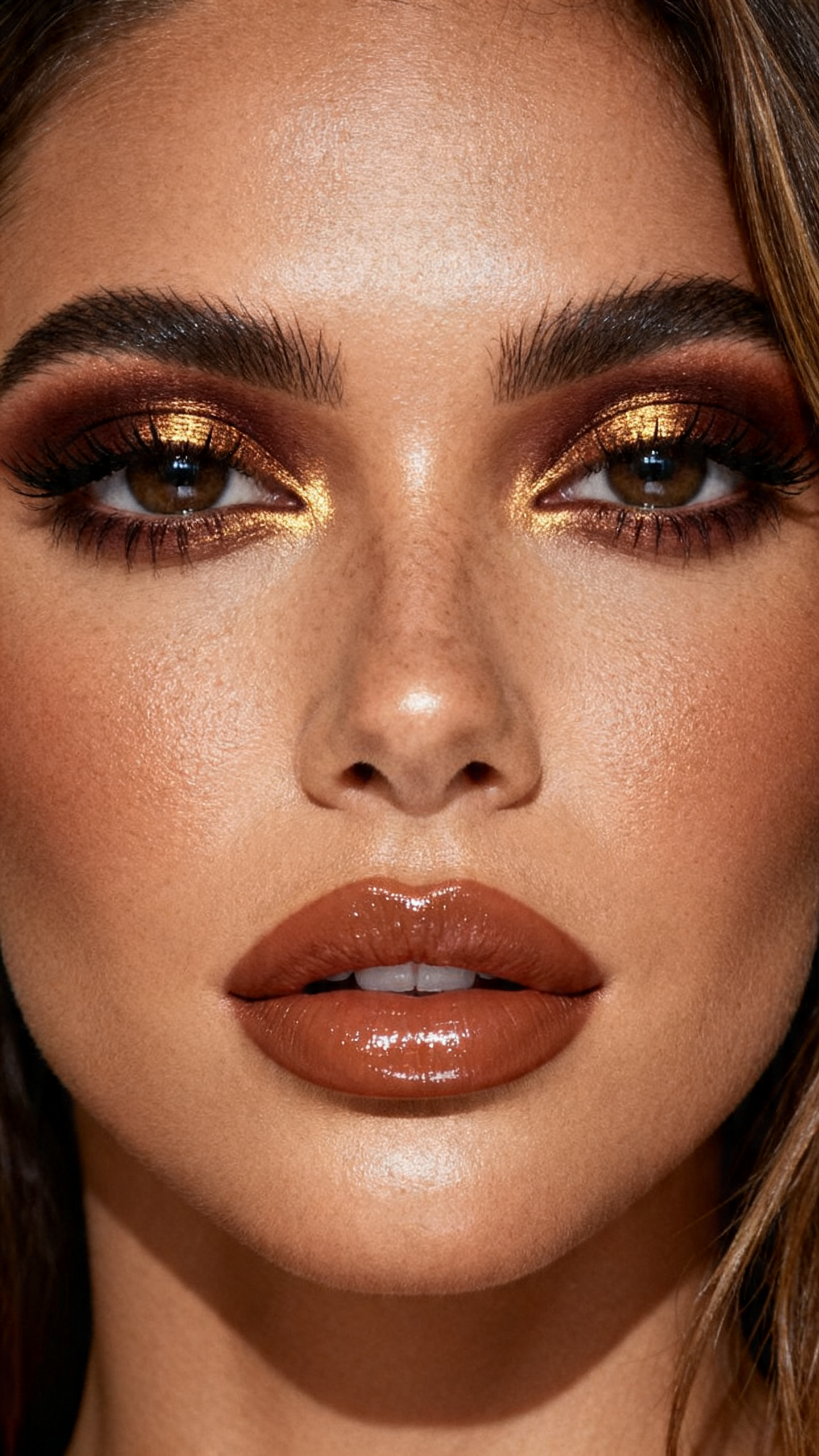 Super realistic close-up beauty portrait of a woman wearing bronze halo eyes with deep brown outer corners, warm caramel bronzed skin, golden highlight, caramel nude glossy lips, and lifted lashes, shot from a front-facing portrait, with soft vanity lighting that clearly reveals the makeup texture and color, realistic skin texture, softly styled hair, minimal background, feminine modern beauty photography, latest iPhone photo quality.