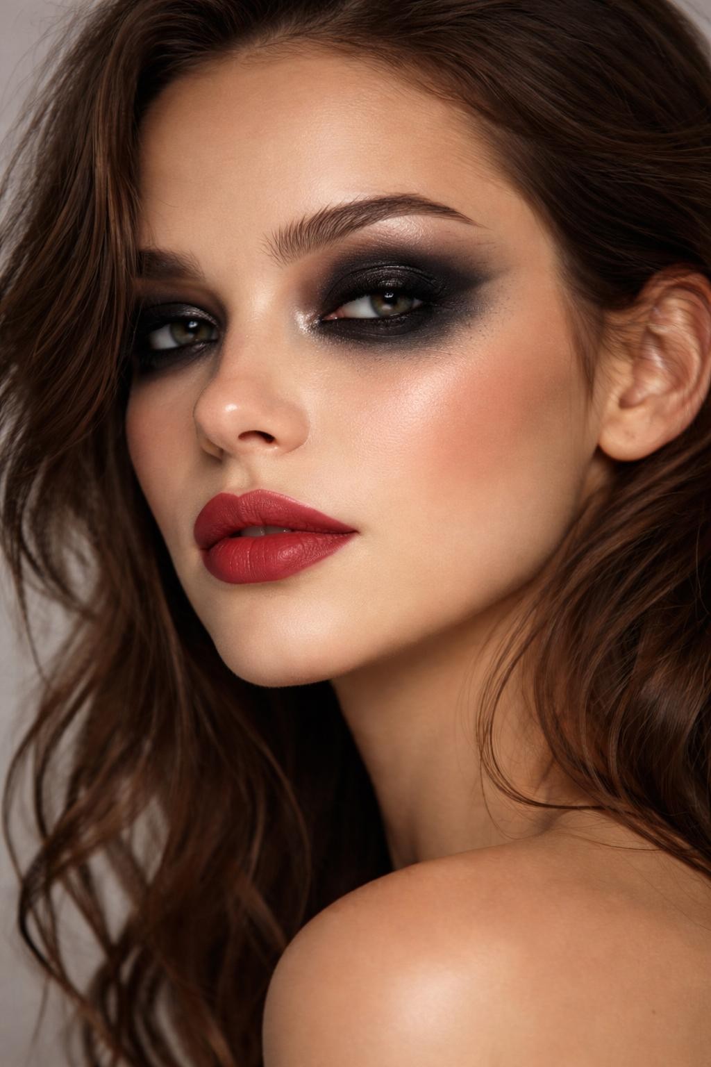 Super realistic close-up beauty portrait of a woman wearing smudged black pirate eye makeup with smoky charcoal blending, black kohl liner, soft matte skin, muted rose brown blush, deep red satin lips, and strong lashes, shot from a three-quarter view, with diffused beauty studio lighting that clearly reveals the makeup texture and color, realistic skin texture, softly styled hair, minimal background, feminine modern beauty photography, latest iPhone photo quality.