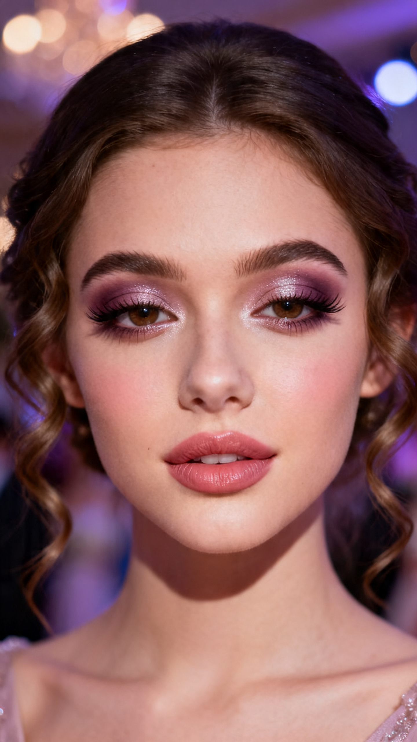 Super realistic close-up beauty portrait of a young woman wearing classy soft glam prom makeup, featuring mauve-taupe eyeshadow softly blended through the crease and outer corners, pale shimmer on the lids, brown-plum liner, full fluttery lashes, muted rose blush, nude rose satin lips, softly structured brows, realistic skin texture with a smooth luminous finish, shot from a front-facing beauty portrait, with romantic diffused evening lighting that clearly reveals the mauve tones, lash definition, and satin lips, soft curled hair, blurred dreamy prom-night background, feminine modern beauty photography, latest iPhone photo quality.