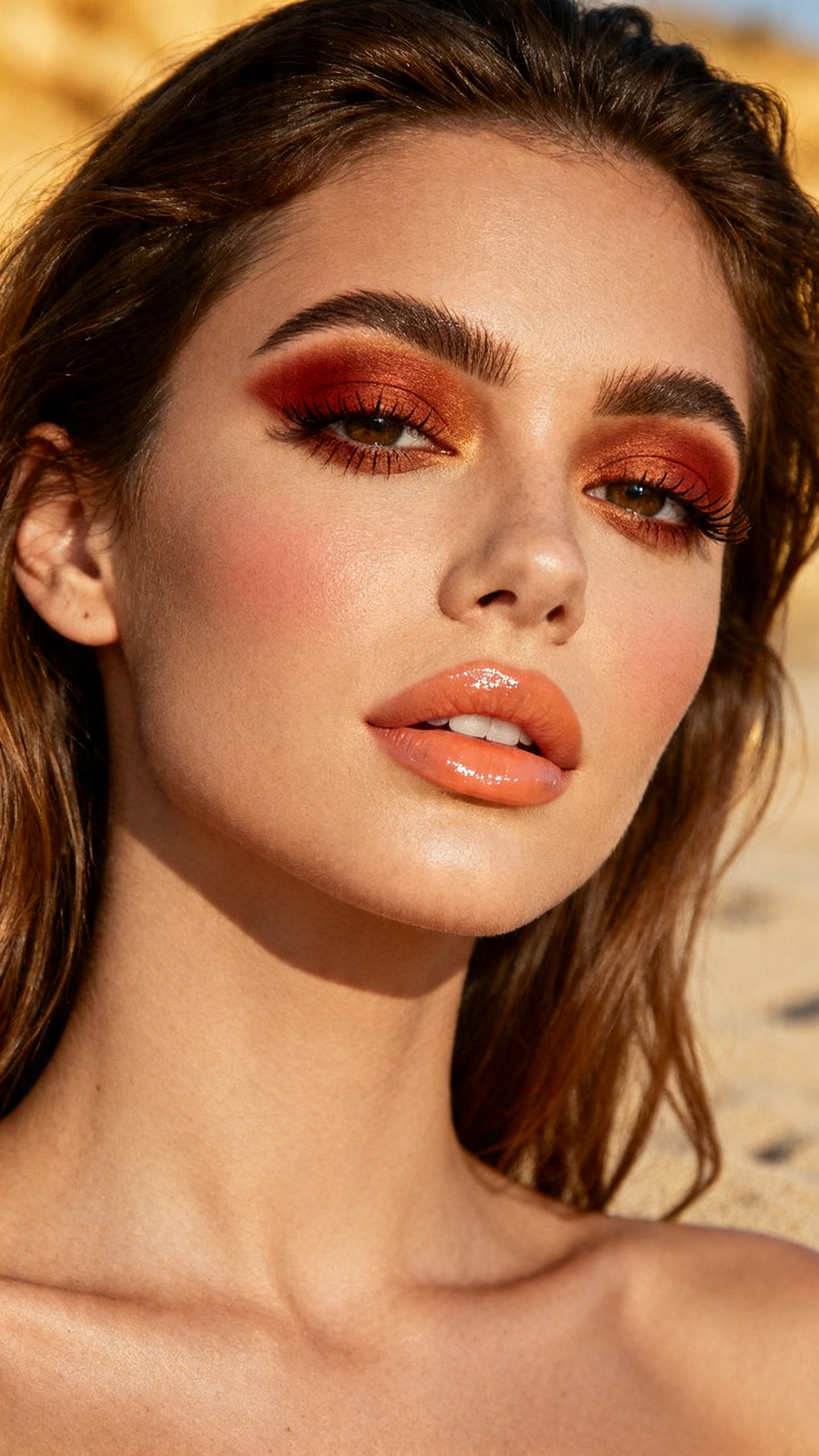 Super realistic close-up beauty portrait of a woman wearing warm rust-red crease makeup with tan lids and soft brown blending, warm chestnut lash-line definition, warm peach-beige blush, peach nude glossy lips, softly lifted lashes, brushed brows, realistic skin texture with a natural warm finish, shot from a three-quarter beauty angle, with golden diffused lighting that clearly reveals the rust crease color, peachy cheeks, and lip gloss shine, soft loose hair, blurred warm sand background, feminine modern beauty photography, latest iPhone photo quality.