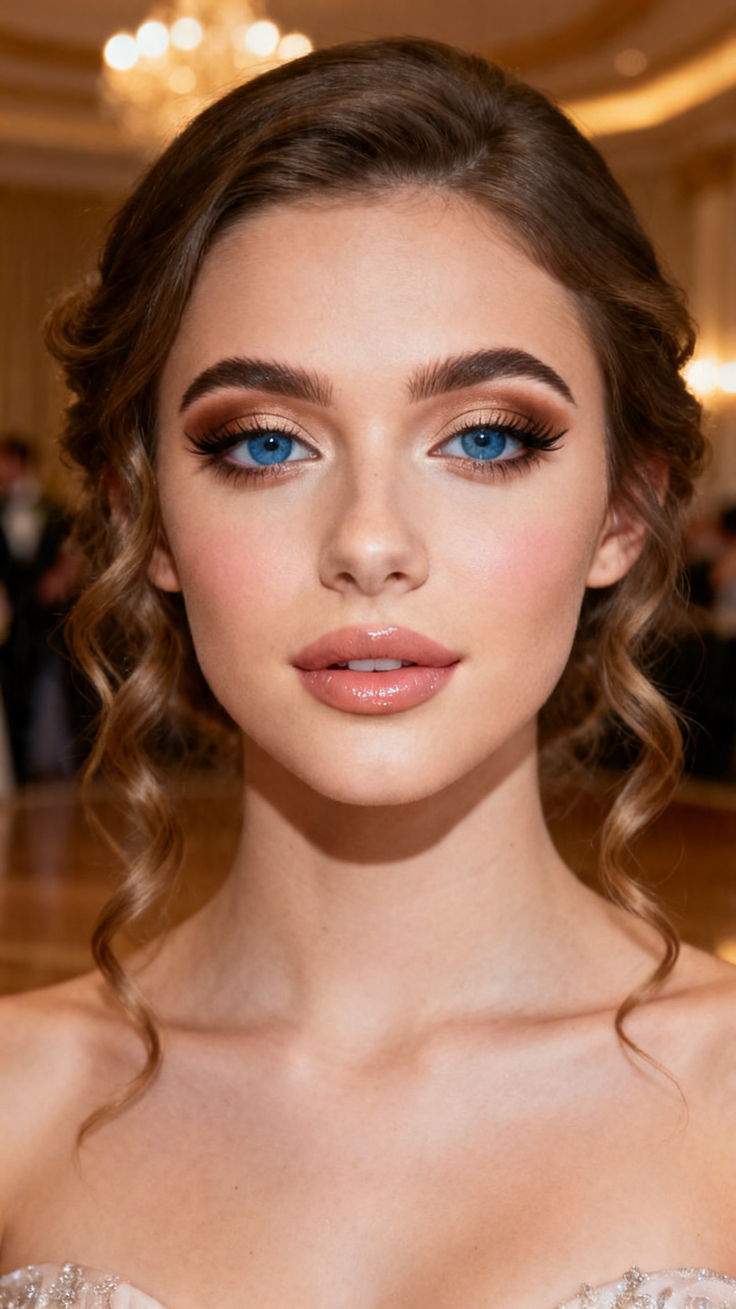 Super realistic close-up beauty portrait of a young woman with blue eyes wearing lovely prom makeup, featuring a soft brown cut crease with tan blending, cream carved lid, light cocoa outer-corner depth, soft cocoa liner, wispy flare lashes, soft rose blush, nude beige-pink glossy lips, structured brows, realistic skin texture with a smooth satin finish, shot from a front-facing beauty portrait, with refined prom lighting that clearly reveals the cut-crease detail, blue eyes, and glossy lips, elegant soft curls, blurred warm-neutral ballroom background, feminine modern beauty photography, latest iPhone photo quality.