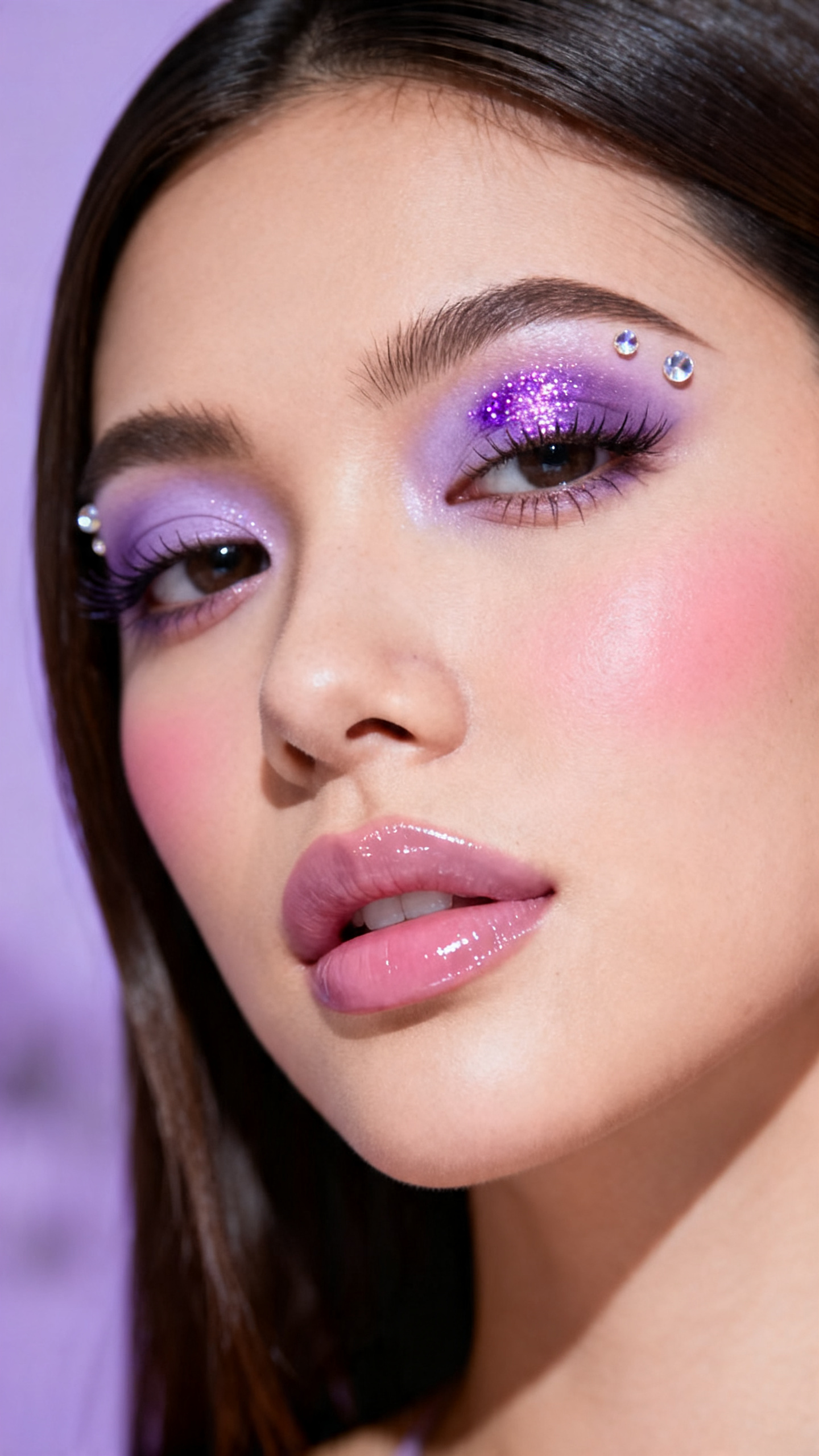 Super realistic close-up beauty portrait of a woman wearing lilac Y2K shimmer eyeshadow with soft violet glitter concentrated at the center of the lids, tiny clear crystals placed near the outer brow bone, cool rosy pink blush, pale mauve pink glossy lips, fluttery lashes, slim polished brows, realistic glowing skin texture, shot from a three-quarter beauty close-up, with soft flash beauty lighting that clearly reveals the glitter placement, crystal accents, and glossy lips, sleek side-parted hair, blurred lavender background, feminine modern beauty photography, latest iPhone photo quality.