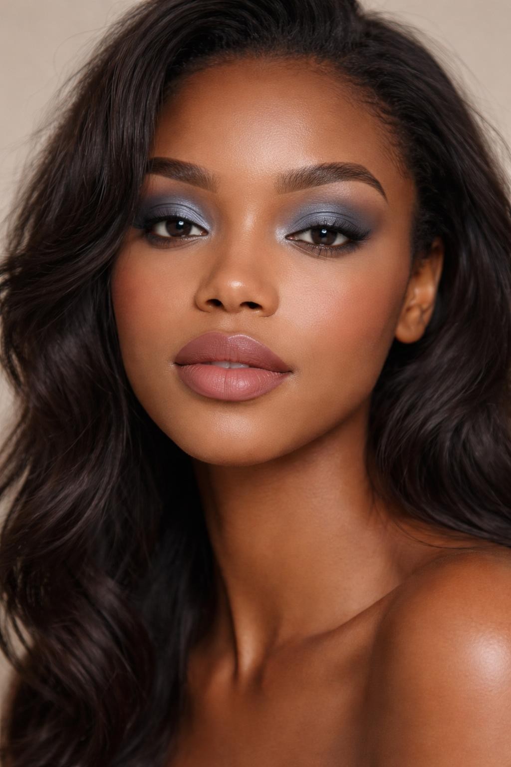 IMAGE_PROMPT: Super realistic close-up beauty portrait of a Black woman wearing dusty blue matte eyeshadow blended smoothly over the lids with muted brown outer corners, soft matte skin, lightly bronzed cheeks, fluffy brushed-up brows, muted mauve lips, and defined natural lashes, shot from a front-facing portrait, with diffused studio lighting that clearly reveals the matte texture and skin finish, realistic skin texture, softly styled hair framing the face, minimal neutral background, feminine modern beauty photography, latest iPhone photo quality (no watermarks on images).