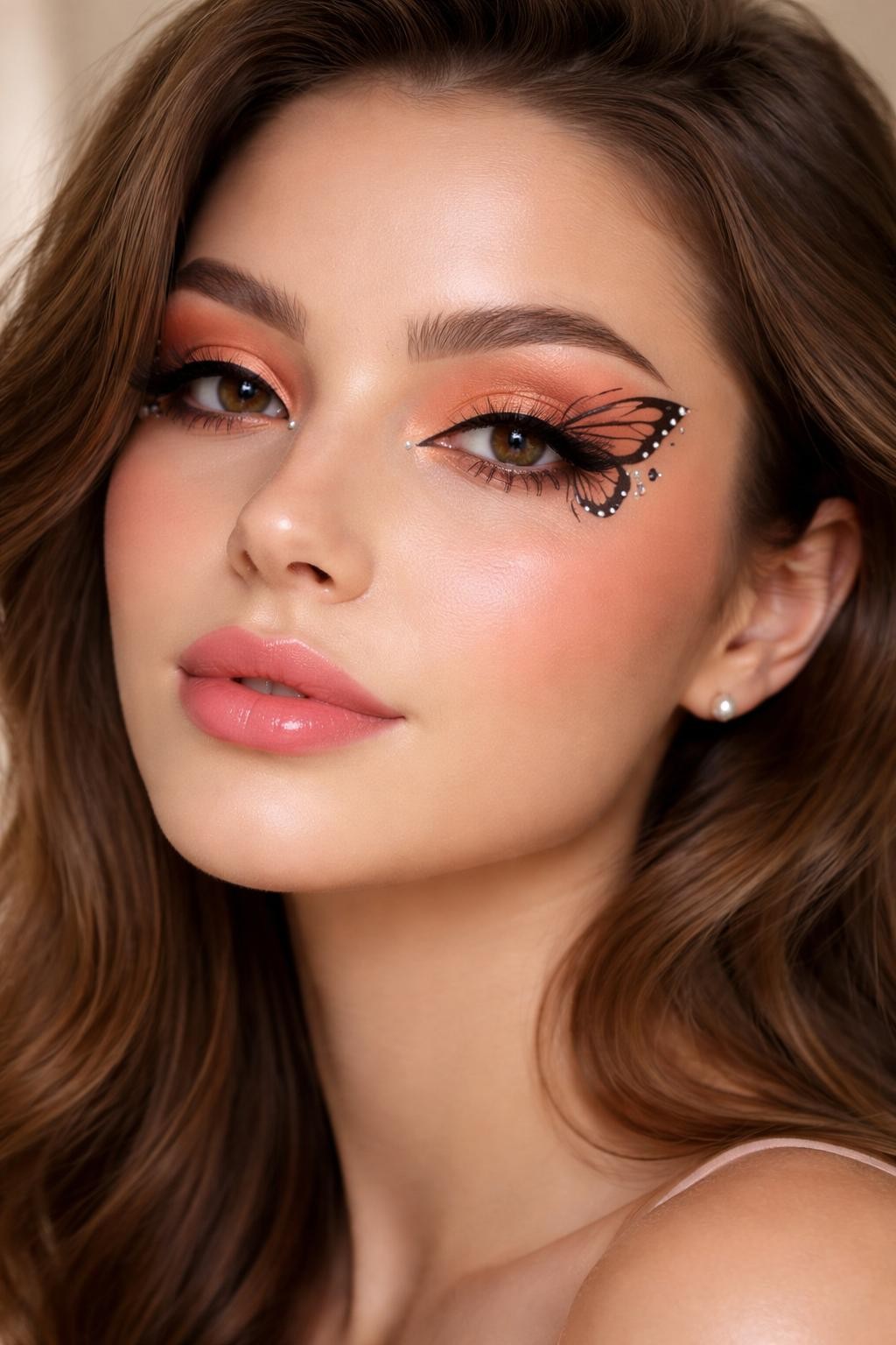 Super realistic close-up beauty portrait of a woman wearing coral butterfly eye makeup with peach-coral shadow, dark brown butterfly liner, tiny pearl accents near the outer eye, soft glowing skin, warm pink satin lips, and soft volume lashes, shot from a front-facing portrait, with soft vanity lighting that clearly reveals the makeup texture and color, realistic skin texture, softly styled hair, minimal background, feminine modern beauty photography, latest iPhone photo quality.