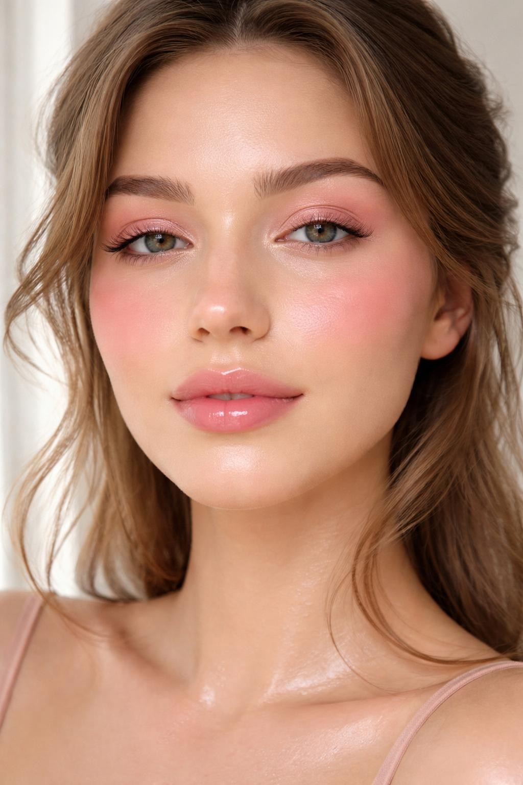 Super realistic close-up beauty portrait of a woman wearing baby pink eyeshadow, dewy glowing skin, soft baby pink cream blush, sheer pink lips, natural brows, and lightly defined lashes, shot from a front-facing portrait, with soft natural window light that clearly reveals the makeup texture and color, realistic skin texture, softly styled hair, minimal background, feminine modern beauty photography, latest iPhone photo quality.