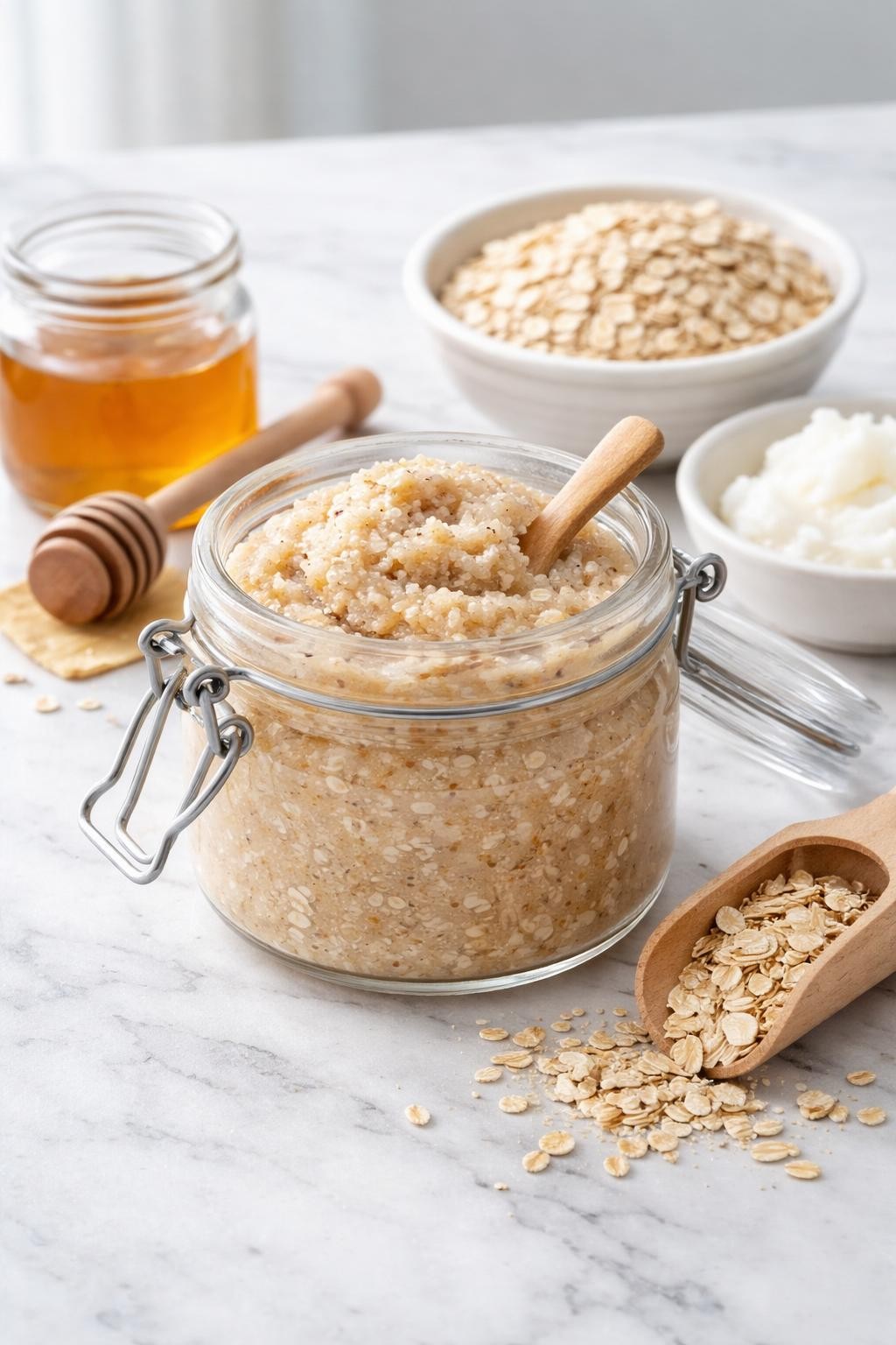 A realistic close-up photo of a glass jar filled with honey oat body scrub on a clean white marble countertop. A small jar of honey, a bowl of oats, a dish of coconut oil, and a wooden scoop are arranged neatly around the jar. Bright cool-toned natural light, crisp detail, realistic texture, clean minimal setup, strong focus on the soft scrub texture, no people, no text, (no watermarks on images)