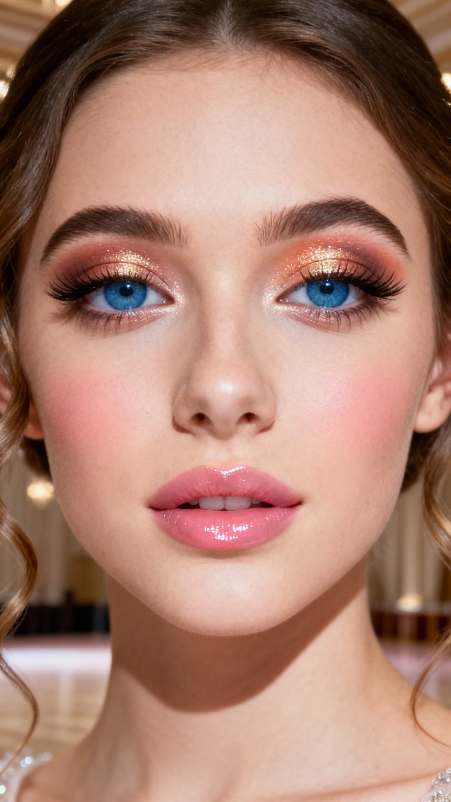 IMAGE_PROMPT: Super realistic close-up beauty portrait of a young woman with bright blue eyes wearing lovely prom makeup, featuring luminous rose gold shimmer eyeshadow across the lids, soft peach and warm taupe crease blending, subtle espresso-brown lash-line definition, fluttery curled lashes, peachy pink blush high on the cheeks, glossy nude pink lips, softly highlighted inner corners, polished brows, realistic skin texture with a radiant satin glow, shot from a front-facing beauty portrait, with soft diffused prom-style studio lighting that clearly reveals the eye shimmer, blue eye color, skin finish, and lip gloss, softly curled hair framing the face, blurred elegant neutral ballroom background, feminine modern beauty photography, latest iPhone photo quality.