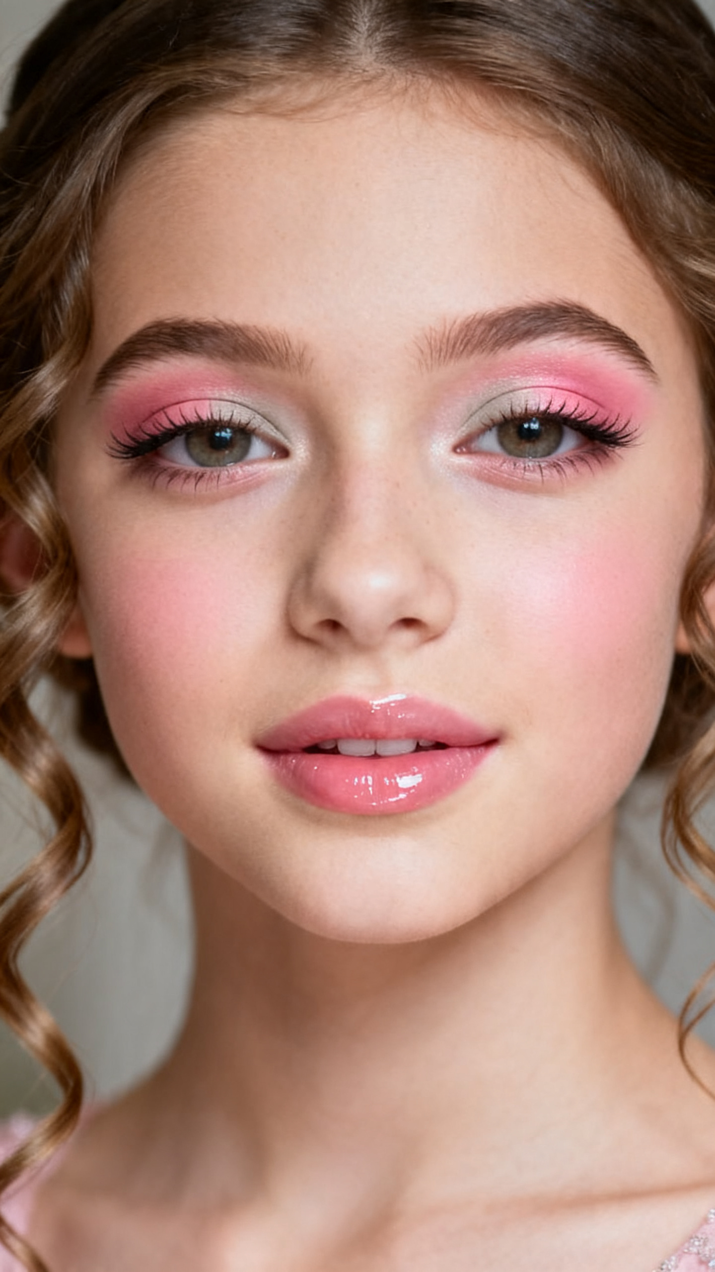 Super realistic close-up beauty portrait of a teen girl wearing classy soft glam prom makeup, featuring soft pink matte eyeshadow across the lids, light taupe crease shaping, naturally lifted lashes, rosy pink blush, subtle clear glow highlight, ultra-clear glossy lips, softly brushed brows, realistic skin texture with a fresh luminous finish, shot from a front-facing beauty portrait, with soft natural-inspired prom lighting that clearly reveals the matte pink eyes, clear gloss shine, and skin texture, loose elegant curls framing the face, blurred refined neutral background, feminine modern beauty photography, latest iPhone photo quality.