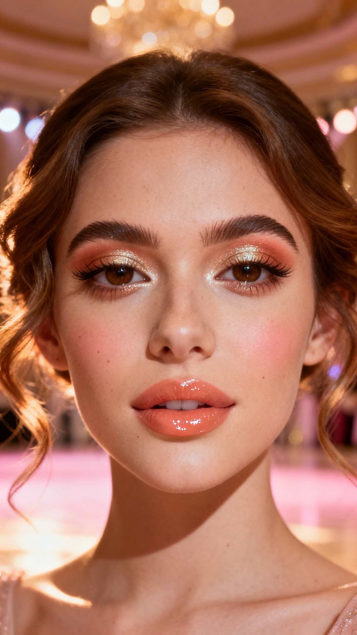 IMAGE_PROMPT: Super realistic close-up beauty portrait of a young woman wearing classy soft glam prom makeup, featuring soft brown halo eyes with caramel crease blending, gentle brown inner and outer corner shading, subtle champagne center-lid shimmer, soft volumized lashes, warm peach blush, champagne-gold highlight, peach nude glossy lips, polished brows, realistic skin texture with a radiant warm glow, shot from a front-facing beauty portrait, with flattering diffused prom lighting that clearly reveals the halo placement, shimmer, and glossy lips, softly styled waves, blurred elegant ballroom-inspired background, feminine modern beauty photography, latest iPhone photo quality.