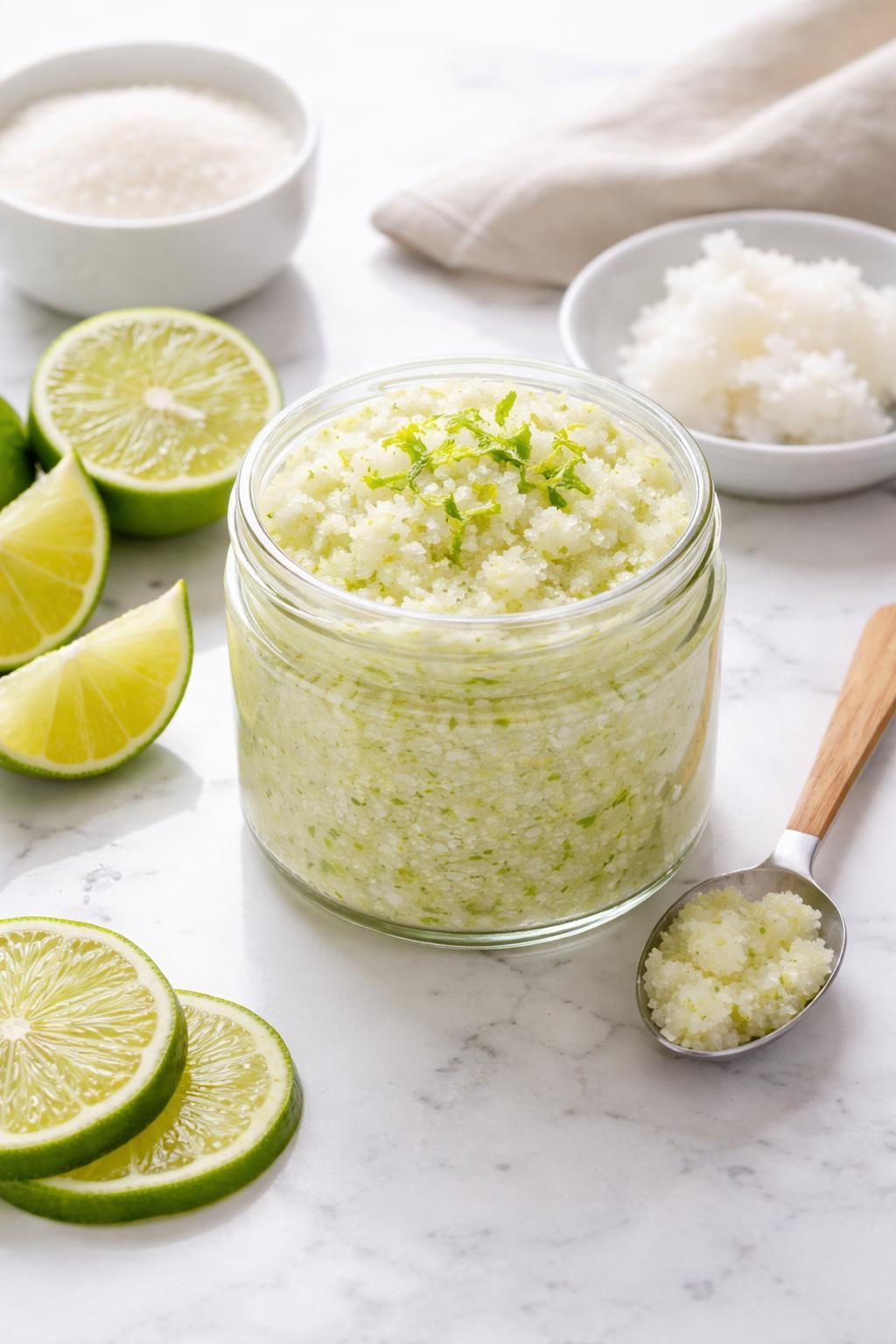 A realistic close-up photo of a glass jar filled with coconut lime body scrub on a clean white marble countertop table. Fresh lime slices, a small bowl of sugar, a dish of coconut oil, and a spoon are placed neatly around the jar. Bright natural light, crisp detail, realistic texture, clean minimal setup, strong focus on the bright scrub texture and lime details, no people, no text, (no watermarks on images)