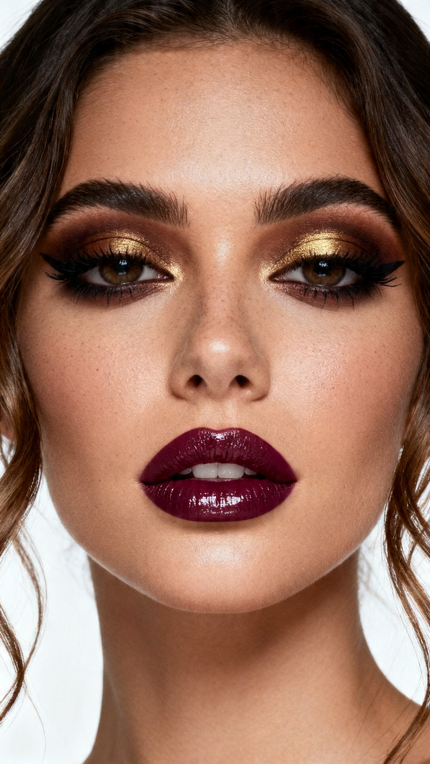 Super realistic close-up beauty portrait of a woman wearing deep brown pirate smoky eyes with cocoa blending, smudged dark brown liner, soft gold highlight, deep plum glossy lips, and fluttery lashes, shot from a front-facing portrait, with soft studio lighting that clearly reveals the makeup texture and color, realistic skin texture, softly styled hair, minimal background, feminine modern beauty photography, latest iPhone photo quality.