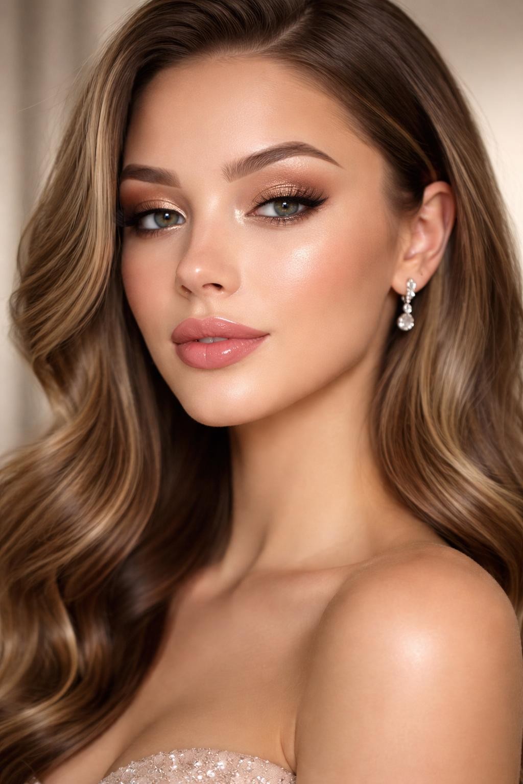 IMAGE_PROMPT: Super realistic close-up beauty portrait of a young woman wearing classy soft glam prom makeup, featuring champagne shimmer on smooth beige lids, softly blended tan crease, long lifted lashes, pearl champagne highlight on the high points, soft rose-beige blush, satin pink nude lips, refined brows, realistic skin texture with a silky satin finish, shot from a three-quarter beauty angle, with soft elegant studio lighting that clearly reveals the champagne shimmer, cheek glow, and satin lip texture, smooth face-framing waves, blurred formal neutral-toned background, feminine modern beauty photography, latest iPhone photo quality.