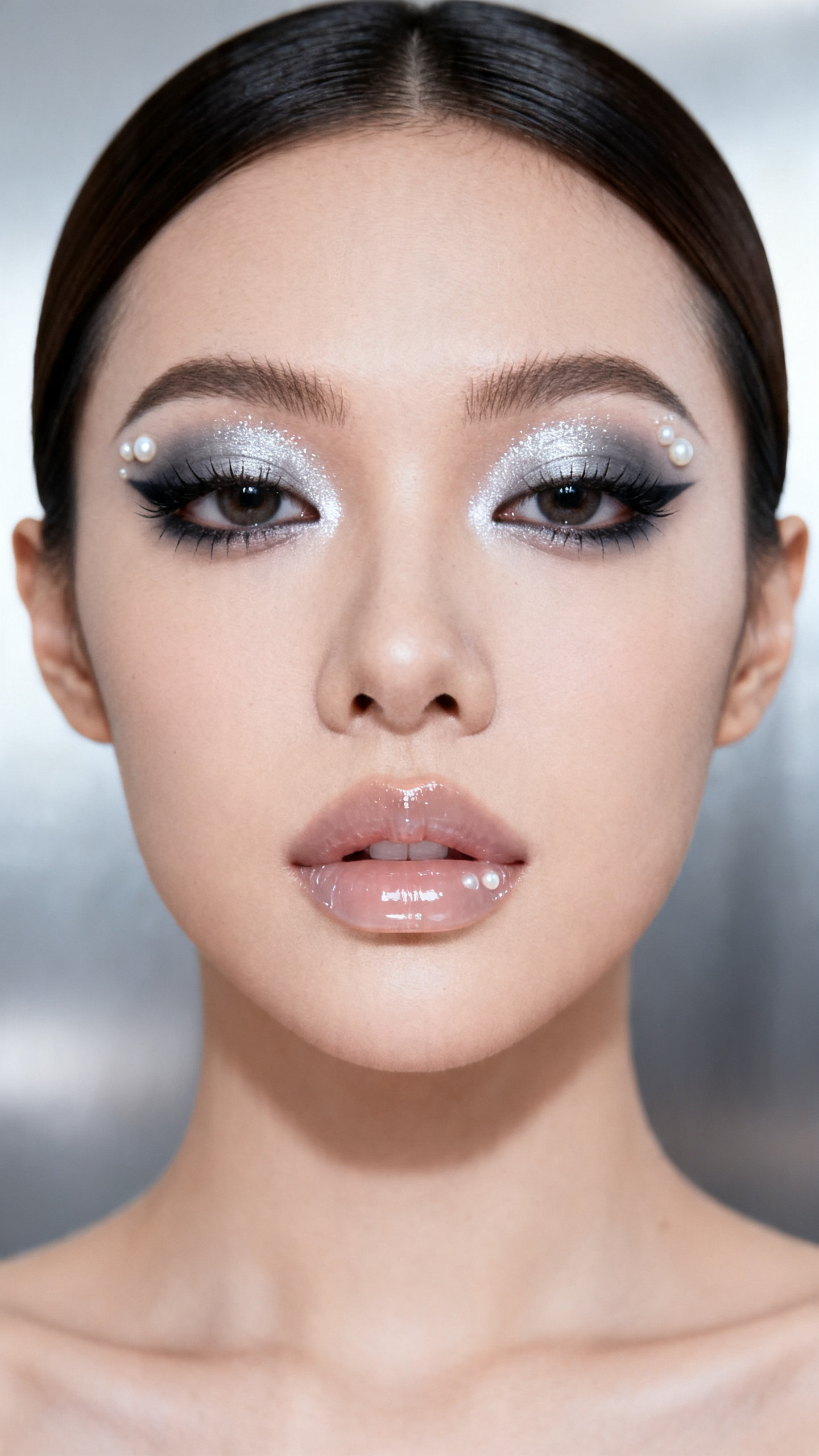 Super realistic close-up beauty portrait of a woman wearing Y2K pearl shimmer on the upper lids, smoky silver and gray shadow concentrated along the lower lash line, charcoal kohl under the eyes, detailed lower lashes, cool pearl highlight, ultra-clear jelly gloss lips, realistic satin skin texture, slim brows, shot from a front-facing beauty portrait, with soft cool studio lighting that clearly reveals the lower-lash smoke, jelly lip shine, and pearl highlights, straight tucked-back hair, softly blurred silver background, feminine modern beauty photography, latest iPhone photo quality.
