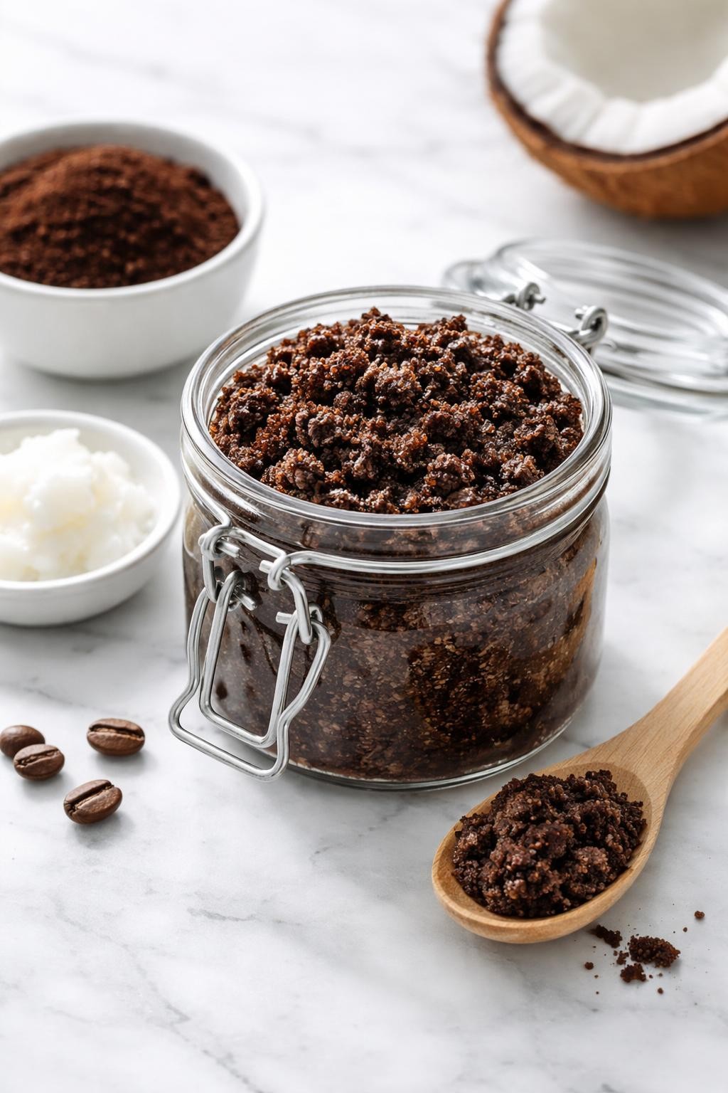 A realistic close-up photo of a glass jar filled with coffee coconut body scrub on a clean white marble countertop. A small bowl of coffee grounds, a dish of coconut oil, and a wooden spoon are arranged neatly around the jar. Bright cool-toned natural light, crisp detail, realistic texture, clean minimal setup, strong focus on the rich scrub texture, no people, no text, (no watermarks on images)