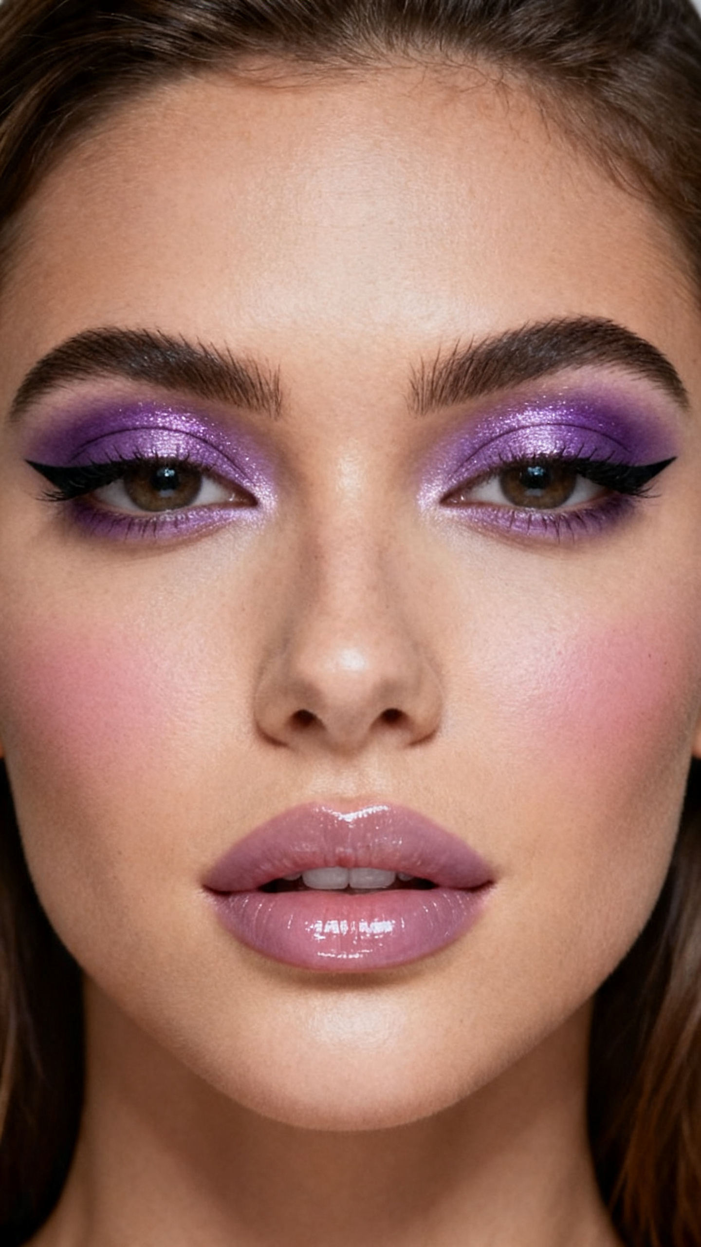 Super realistic close-up beauty portrait of a woman wearing violet shimmer eyeshadow, clean black liner, satin skin, soft mauve blush, clear mauve nude glossy lips, and groomed brows, shot from a front-facing portrait, with soft vanity lighting that clearly reveals the makeup texture and color, realistic skin texture, softly styled hair, minimal background, feminine modern beauty photography, latest iPhone photo quality.