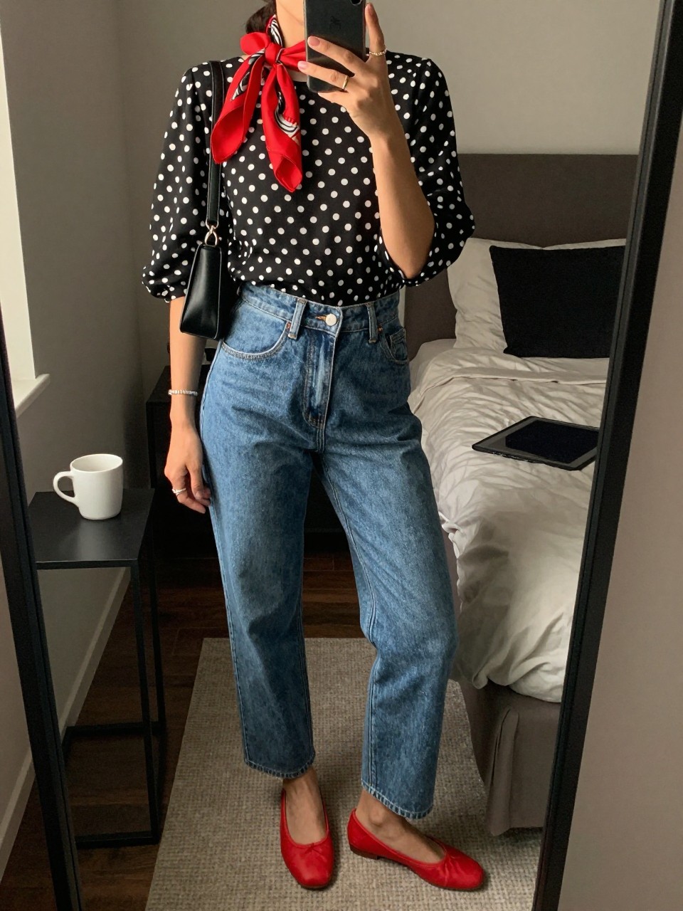 mirror selfie of a brown woman wearing a black and white polka dot blouse tucked into high-waisted medium wash jeans, red ballet flats, a black mini shoulder bag, and a red silk hair scarf tied around a low ponytail, clearly showing the same clothing items, colors, fabrics, and accessories listed in the Outfit Pieces section, holding a phone in front of a mirror, cropped at NECK so the face does not show, with a relaxed casual selfie pose, in a stylish city apartment, warm moody lighting, including a coffee mug on a bedside table and a laptop or tablet on the bed, latest iPhone photo quality.