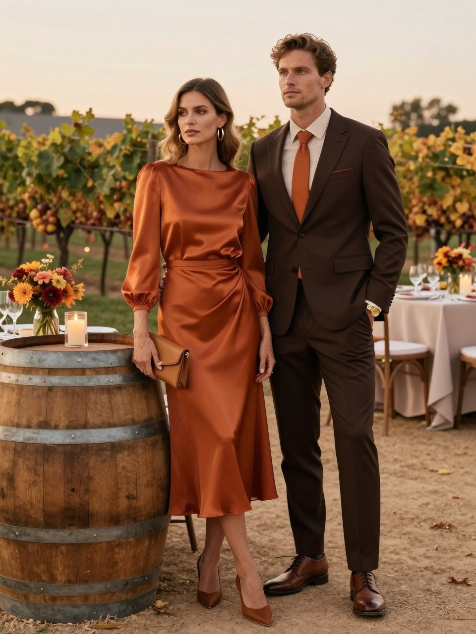 Outfit Image Prompt:
A stylish couple attending a fall wedding at a rustic but elegant vineyard venue, woman wearing a burnt orange satin midi dress with long sleeves, gold hoops, warm brown heels, and a small caramel clutch, man wearing a chocolate brown suit with an ivory shirt, burnt orange tie, brown leather shoes, and a gold watch, standing near wooden wine barrels, candlelit tables, fall flowers, and grapevine rows, matching autumn wedding guest outfits for couples, warm rich color palette, full-body editorial photo, soft sunset light, classy fall wedding setting, no watermarks on images