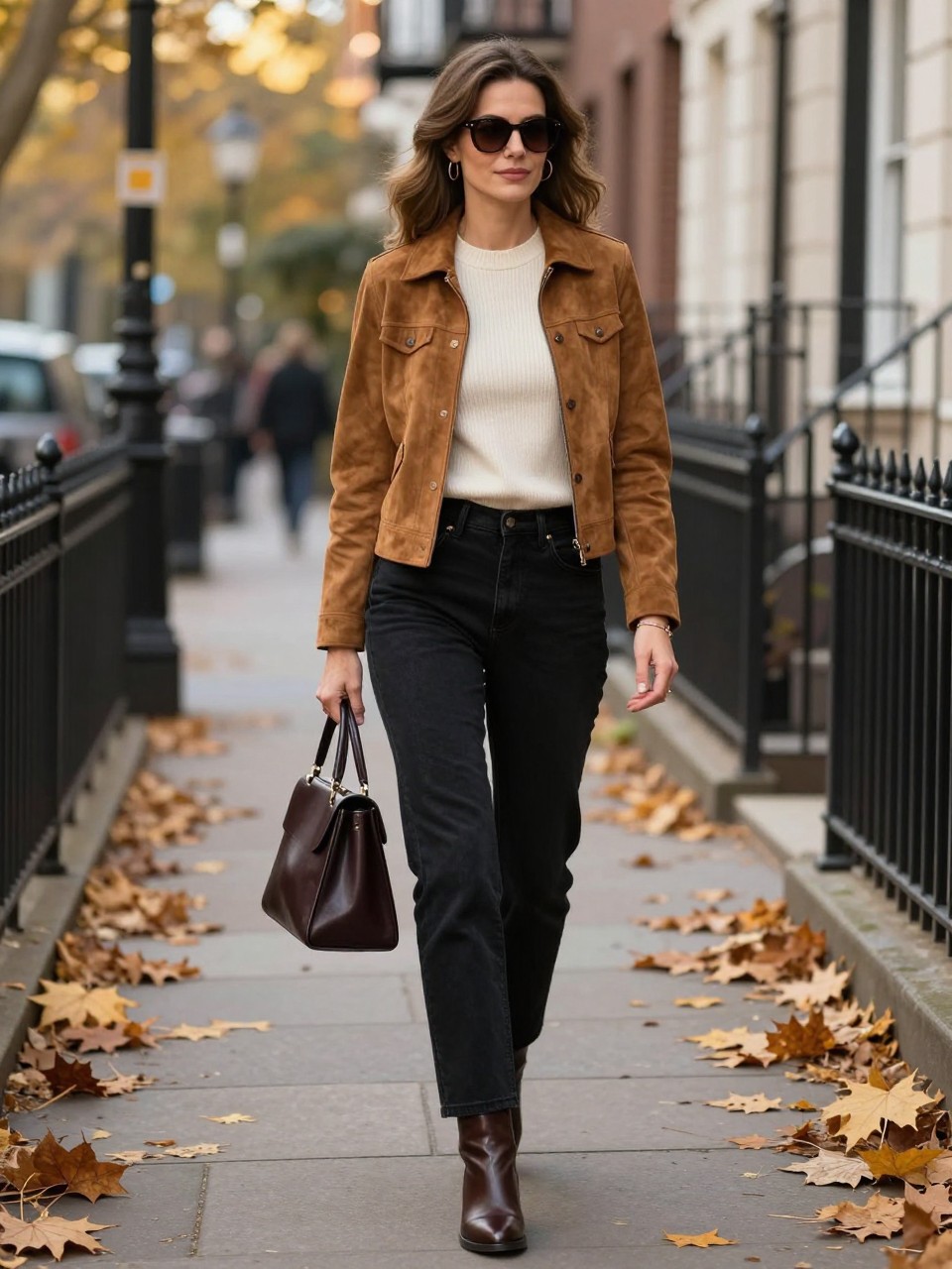 Image Prompt:
A stylish fall old money outfit showing a woman wearing a tan suede jacket over a cream fitted knit top, black straight-leg jeans, brown leather ankle boots, a structured dark brown handbag, small gold hoops, a slim bracelet, and soft waves. She is walking along a leafy city sidewalk with classic townhouses, warm sunlight, and fallen autumn leaves. Realistic DSLR editorial fashion photo, rich suede texture, classy casual fall outfit, no text, no watermark.