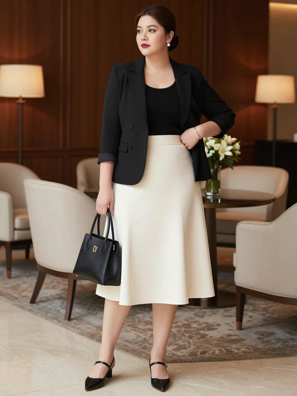Image Prompt:
A chic old money plus size outfit showing a plus size woman wearing a black tailored blazer over a black fitted knit top, a cream A-line midi skirt, black slingback flats, a structured black handbag, pearl earrings, a slim gold bracelet, and a sleek low bun. She is standing in an elegant hotel lounge with cream chairs, dark wood panels, warm lamps, and fresh flowers. Realistic DSLR editorial fashion photo, full-body outfit, refined black and cream styling, no text, no watermark.