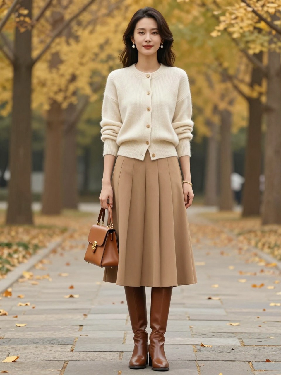 Image Prompt:
A feminine fall old money outfit featuring a woman wearing a cream cashmere button-front cardigan tucked into a camel pleated midi skirt, brown knee-high leather boots, a small tan leather handbag, pearl earrings, a slim gold bracelet, and softly curled hair. She is standing in a quiet park with golden trees, fallen leaves, stone paths, and soft cloudy daylight. Realistic fashion editorial photo, graceful autumn styling, elegant neutral color palette, no text, no watermark.