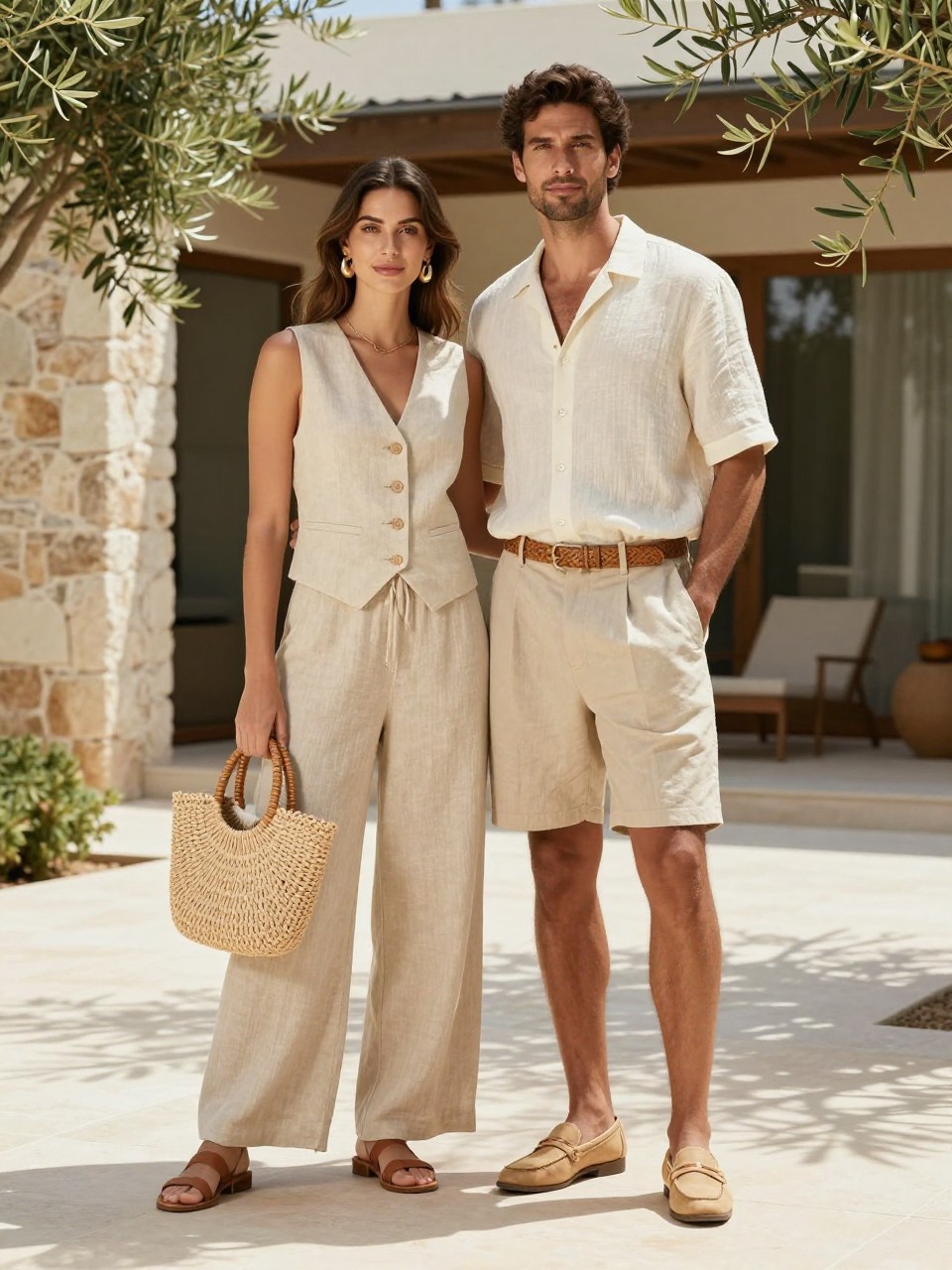 Outfit Image Prompt:
A stylish couple dressed in polished summer neutrals, woman wearing a beige linen vest top with matching wide-leg linen pants, flat leather sandals, gold earrings, and a structured raffia bag, man wearing an ivory camp collar shirt, pleated beige shorts, tan loafers, and a woven belt, standing in front of a modern vacation villa with stone walls, olive trees, and bright sunlight, coordinated neutral linen summer couple outfits, chic resort casual styling, full-body editorial image, refined warm-weather fashion, diverse couple, no watermarks on images