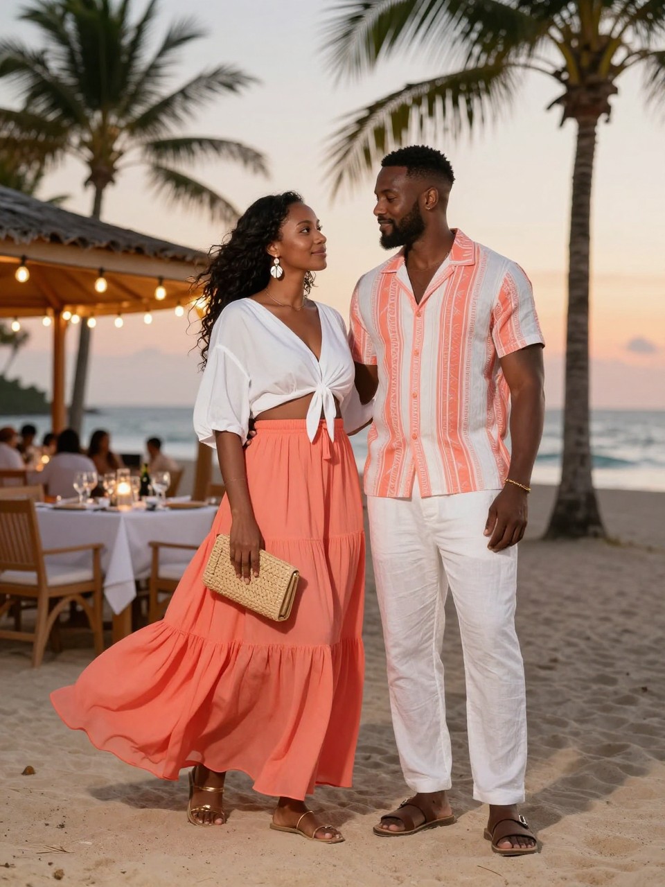 Outfit Image Prompt:
A Black couple dressed for a sunset beach dinner, woman wearing a coral flowy maxi skirt with a white cropped blouse, shell earrings, flat gold sandals, and a woven clutch, man wearing a white and coral printed short-sleeve summer shirt, white linen trousers, brown sandals, and a simple bracelet, standing near a beach restaurant with string lights, palm trees, sand, and soft sunset sky, coordinated coral summer couple outfits, romantic vacation style, full-body editorial fashion photo, warm natural light, realistic fabric movement, no watermarks on images