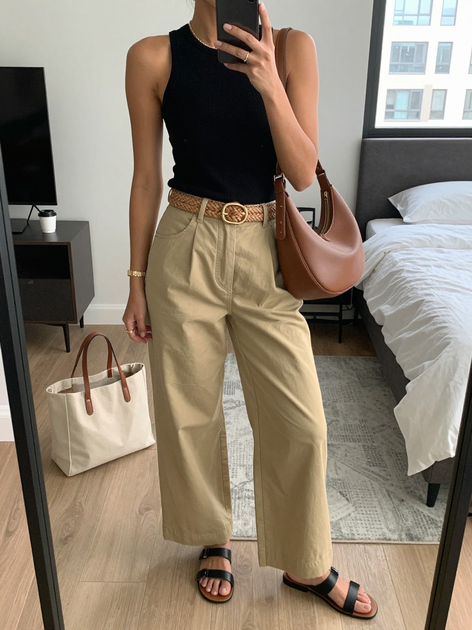mirror selfie of a brown woman wearing a black ribbed tank top tucked into khaki wide-leg pants, black leather flat sandals, a tan woven belt, and a brown crescent shoulder bag, clearly showing the same clothing items, colors, fabrics, and accessories listed in the Outfit Pieces section, holding a phone in front of a mirror, cropped at NECK so the face does not show, with a relaxed casual selfie pose, in a stylish city apartment, natural window light, including a tote bag resting on the floor and a coffee mug on a bedside table, latest iPhone photo quality.