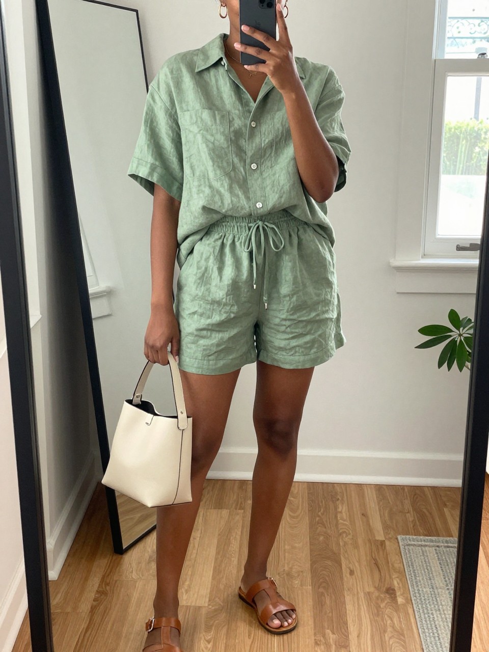 IMAGE_PROMPT: mirror selfie of a black woman wearing a sage green linen matching set with a short-sleeve button shirt and relaxed drawstring shorts, tan leather sandals, cream bucket bag, and gold hoop earrings, clearly showing the same clothing items listed in the Outfit Pieces section, holding a phone in front of a mirror, cropped at the NECK so the face does not show, relaxed casual selfie pose, in a cozy living room with a leaning floor mirror, natural window light, with small plant beside the floor mirror, latest iPhone photo quality.