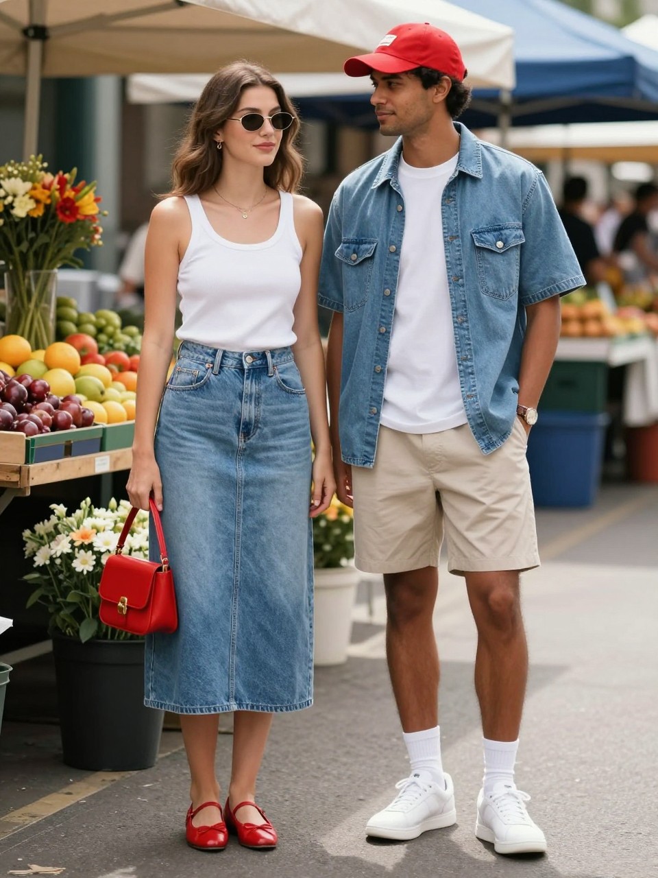 Outfit Image Prompt:
A cool couple dressed for a casual summer weekend, woman wearing a light wash denim midi skirt with a white ribbed tank top, red ballet flats, slim sunglasses, and a small red handbag, man wearing a white T-shirt, light wash denim overshirt worn open, beige shorts, white sneakers, and a red cap, standing near a farmers market with fruit stands, flowers, and sunny street details, coordinated denim summer couple outfits, casual street style editorial photo, full-body view, playful red accent styling, diverse couple, realistic denim texture, no watermarks on images