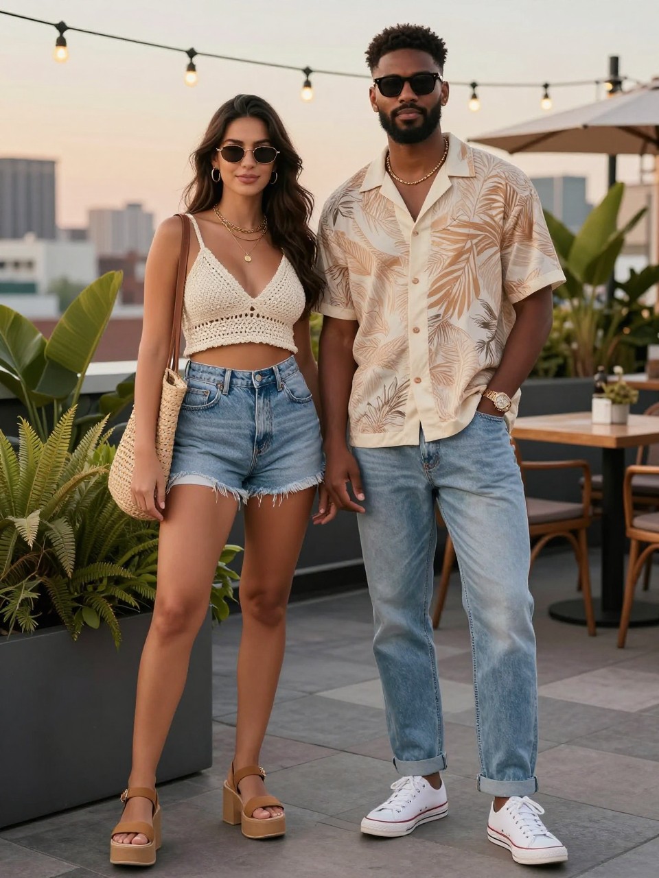 Outfit Image Prompt:
A trendy couple at a summer rooftop hangout, woman wearing a cream crochet crop top with high-waisted light wash denim shorts, tan platform sandals, layered gold necklaces, and a woven shoulder bag, man wearing a relaxed camp collar shirt with a subtle cream and tan print, light wash denim jeans rolled at the ankle, white canvas sneakers, and sunglasses, standing near rooftop plants, string lights, and city skyline at sunset, coordinated crochet and relaxed summer couple outfits, stylish casual date-night look, full-body editorial street style photo, trend-aware styling, diverse couple, no watermarks on images