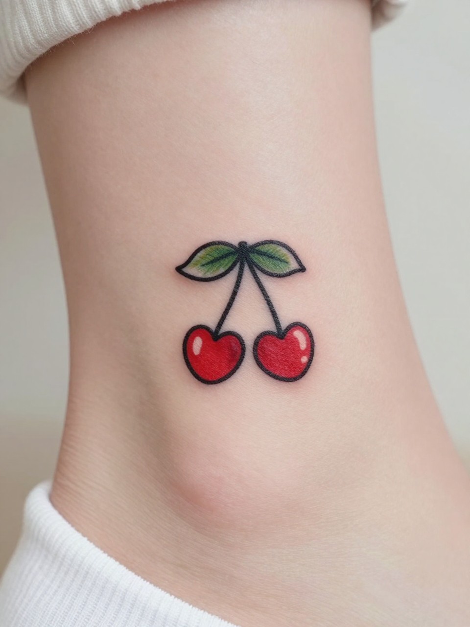 Image Prompt: "Macro shot of a cherry heart flash tattoo on the ankle, small black outline, red cherries, tiny heart between the stems, soft green leaf detail, clean shading, feminine playful tattoo style, white sock edge nearby, minimal soft background, realistic skin texture, close-up design-focused photo"