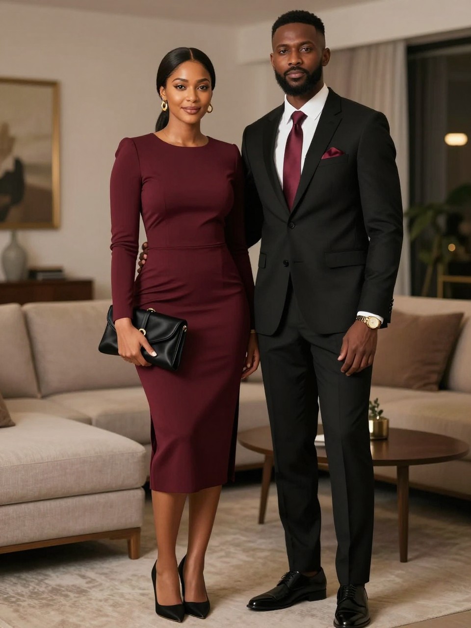 Outfit Image Prompt:
A stylish Black couple standing inside a softly lit lounge before a semi formal evening event, realistic soft editorial photo with natural skin texture, gentle warm indoor lighting, real shadows, soft background blur, relaxed pose. The woman wears a burgundy fitted midi dress with long sleeves and a subtle side slit, black pointed heels, a black satin clutch, gold statement studs, and a sleek middle-part hairstyle. The man wears a black tailored suit with a white shirt, burgundy silk tie, black dress shoes, a gold watch, and a clean pocket square. The outfits coordinate through the burgundy accent and polished evening mood. Show realistic fabric folds, natural hands, no over-sharpening, no plastic skin, no waxy faces, no hyper-glossy finish, no airbrushed faces, no watermarks on images.