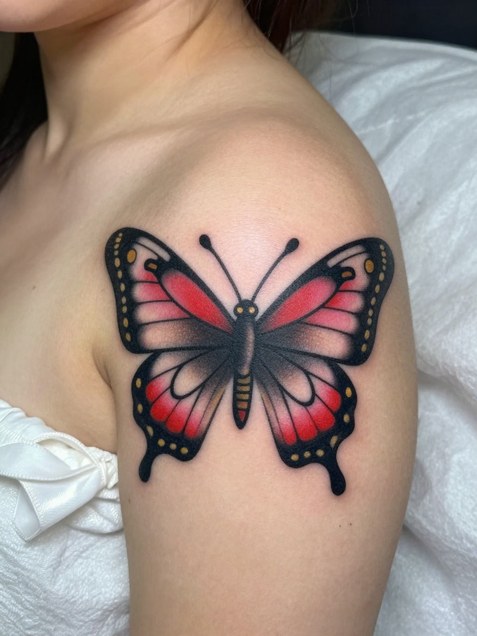 Image Prompt: "Tight close-up of a girly American traditional butterfly tattoo on the shoulder blade, bold black outline, pink and red wing panels, golden accents, soft black shading, medium-size design, satin ribbon nearby on soft bedding, clean feminine styling, realistic skin texture, tattoo design clearly centered"