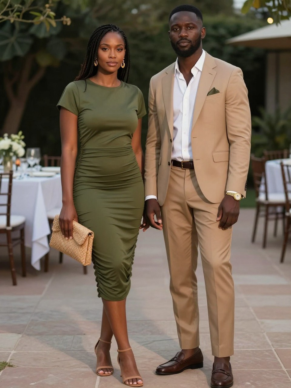 Outfit Image Prompt:
A stylish Black couple standing in a softly lit courtyard before a semi formal outdoor dinner, realistic phone-camera fashion photo, natural skin texture, warm gentle evening light, realistic shadows, soft focus greenery in the background. The woman wears an olive green ruched midi dress with short sleeves, tan heeled sandals, a woven tan clutch, gold drop earrings, and soft braids styled over one shoulder. The man wears a tan suit with a white open-collar shirt, olive pocket square, brown loafers, a brown belt, and a simple gold watch. Their outfits coordinate through earthy olive and tan tones. The pose is relaxed and candid, with natural fabric wrinkles, realistic clothing folds, no over-sharpening, no plastic skin, no waxy faces, no AI-perfect symmetry, no fake-perfect hands, no watermarks on images.