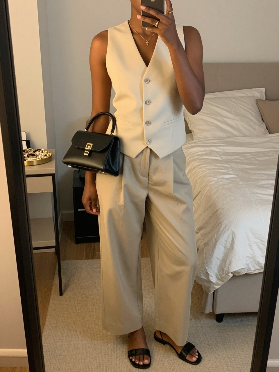 IMAGE_PROMPT: mirror selfie of a black woman wearing a cream tailored vest top, beige wide-leg trousers, black leather flat sandals, structured black mini bag, and delicate gold necklace, clearly showing the same clothing items listed in the Outfit Pieces section, holding a phone in front of a mirror, cropped at the NECK so the face does not show, relaxed casual selfie pose, in a feminine-themed bedroom, evening golden hour, with jewelry tray on the vanity, latest iPhone photo quality.