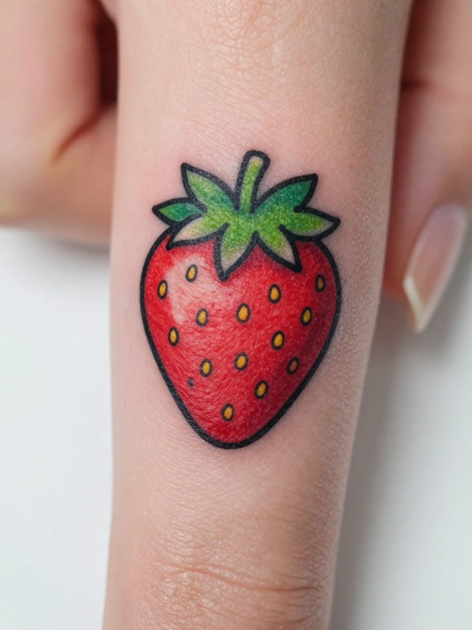 Image Prompt: "Extreme close-up of a cute American traditional strawberry tattoo on the side of the finger, bold black outline, red strawberry fill, tiny yellow seed details, green leafy top, small tattoo size, neutral manicure, clean soft background, realistic skin texture, design-focused close-up tattoo photo"