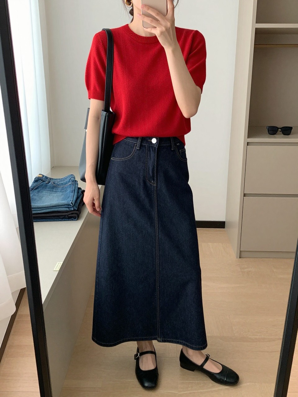 mirror selfie of a woman wearing a red short-sleeve knit top tucked into a dark denim maxi skirt, black Mary Jane flats, a black leather shoulder bag, and slim gold hoop earrings, clearly showing the same clothing items, colors, fabrics, and accessories listed in the Outfit Pieces section, holding a phone in front of a mirror, cropped at NECK so the face does not show, with a relaxed casual selfie pose, in a walk-in closet mirror, natural window light, including folded denim jeans on a bench and sunglasses placed on a dresser, latest iPhone photo quality.