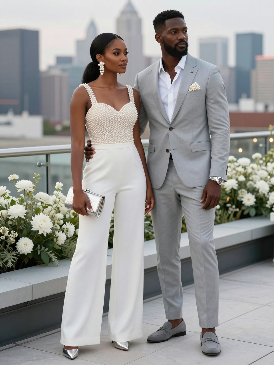 Outfit Image Prompt:
A Black couple dressed as modern wedding guests at a chic rooftop wedding, woman wearing a pearl white wide-leg jumpsuit with a tailored bodice, statement pearl earrings, sleek ponytail, silver heels, and a metallic clutch, man wearing a light gray suit with a white shirt, pearl-toned pocket square, gray loafers, and a silver watch, standing near a rooftop railing with city skyline, white flowers, and soft evening lights, modern matching couple wedding guest outfits, stylish but not bridal, full-body editorial fashion photo, clean rooftop wedding setting, realistic tailoring details, no watermarks on images