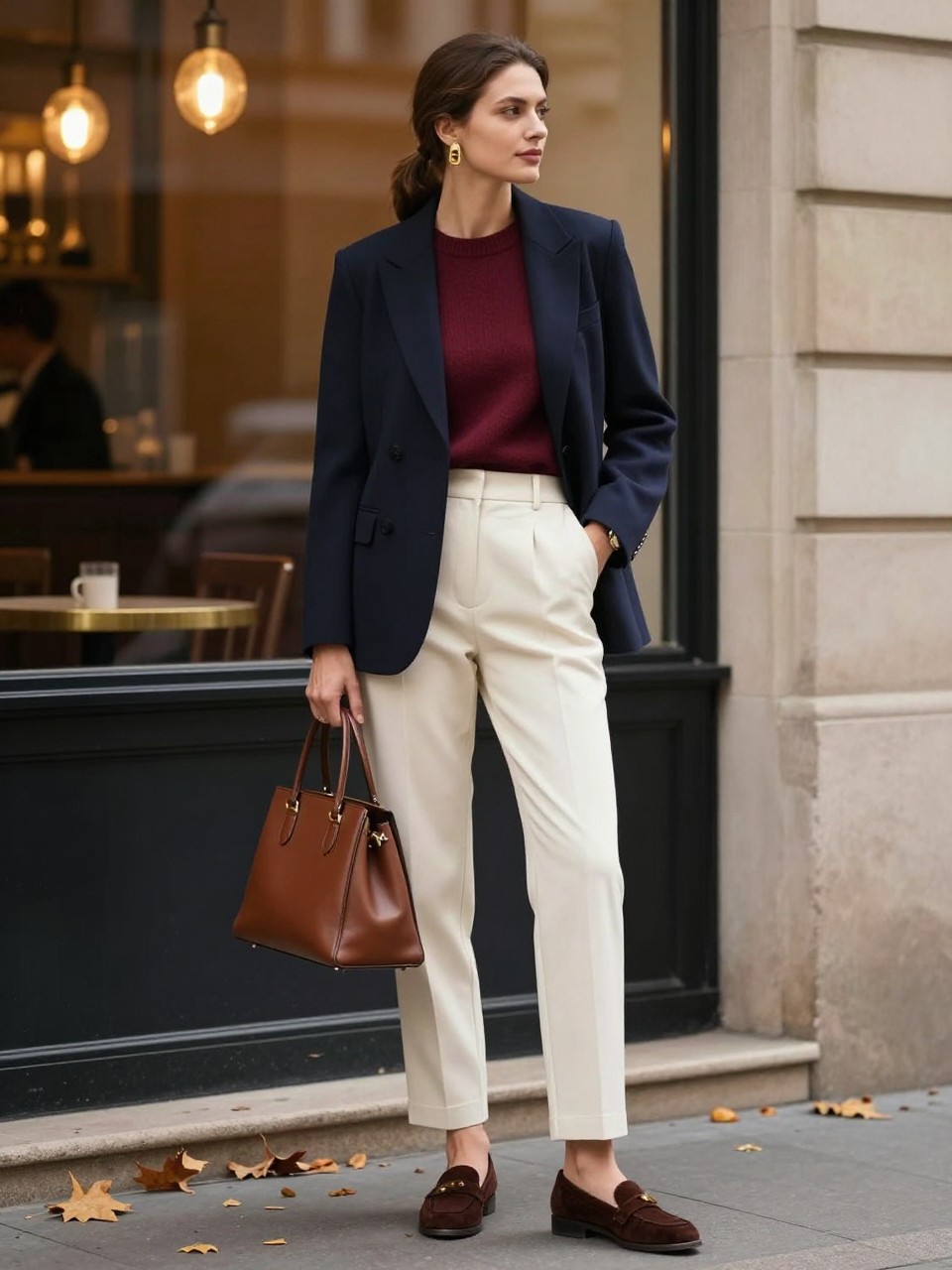Image Prompt:
A refined fall old money outfit showing a woman wearing a structured navy blazer over a burgundy fine-knit sweater, cream high-waisted tailored trousers, brown suede loafers, a structured brown leather handbag, gold drop earrings, a slim watch, and a neat low ponytail. She is standing outside an elegant café with warm window light, fallen leaves, and classic stone architecture. Realistic DSLR fashion editorial photo, full-body street style, polished autumn color palette, no text, no watermark.